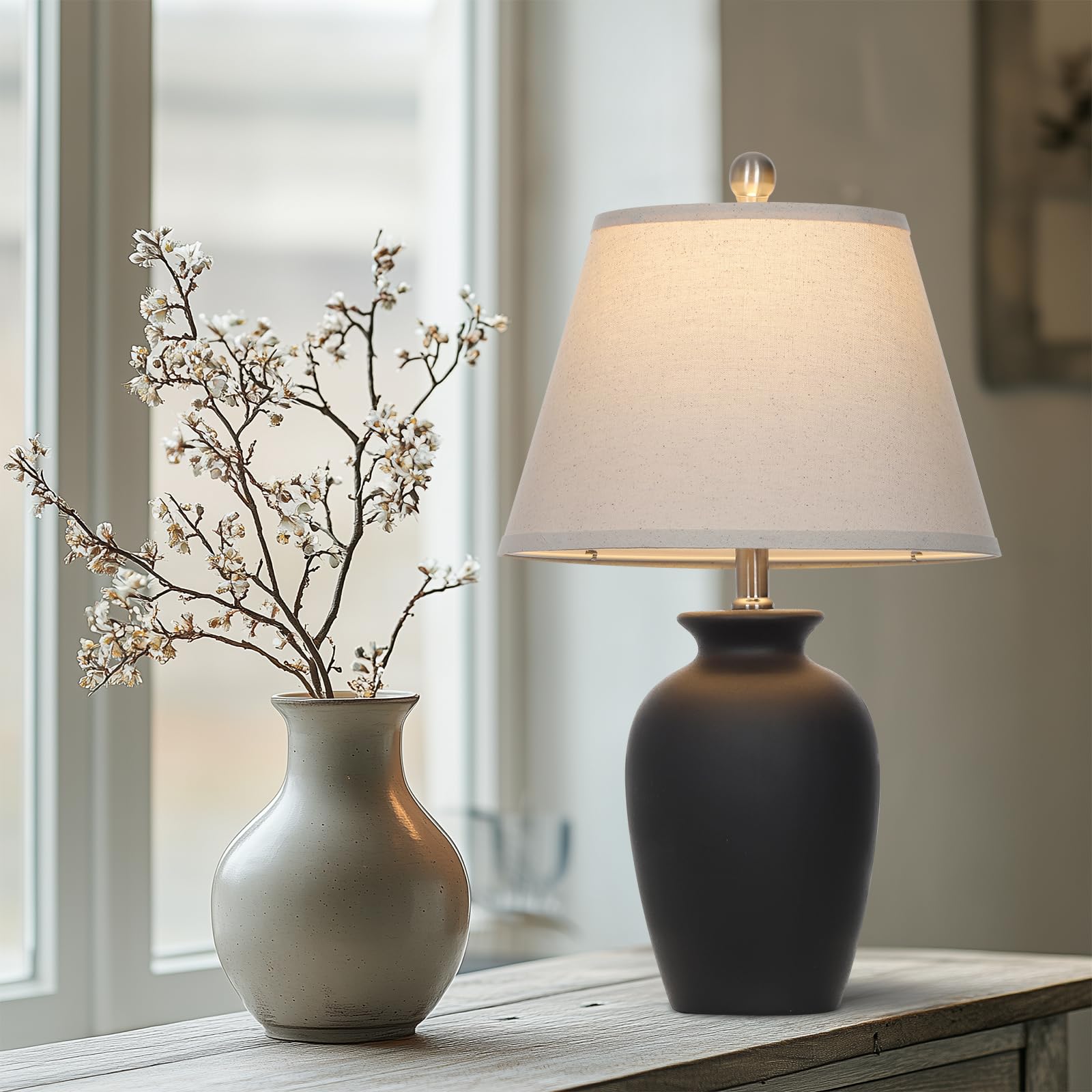 Cinkeda 22'' Black Ceramic Farmhouse Table Lamp With Ginger Jar Design - For Living Room,Dining Room,Bedroom,Office,Nightstand,E