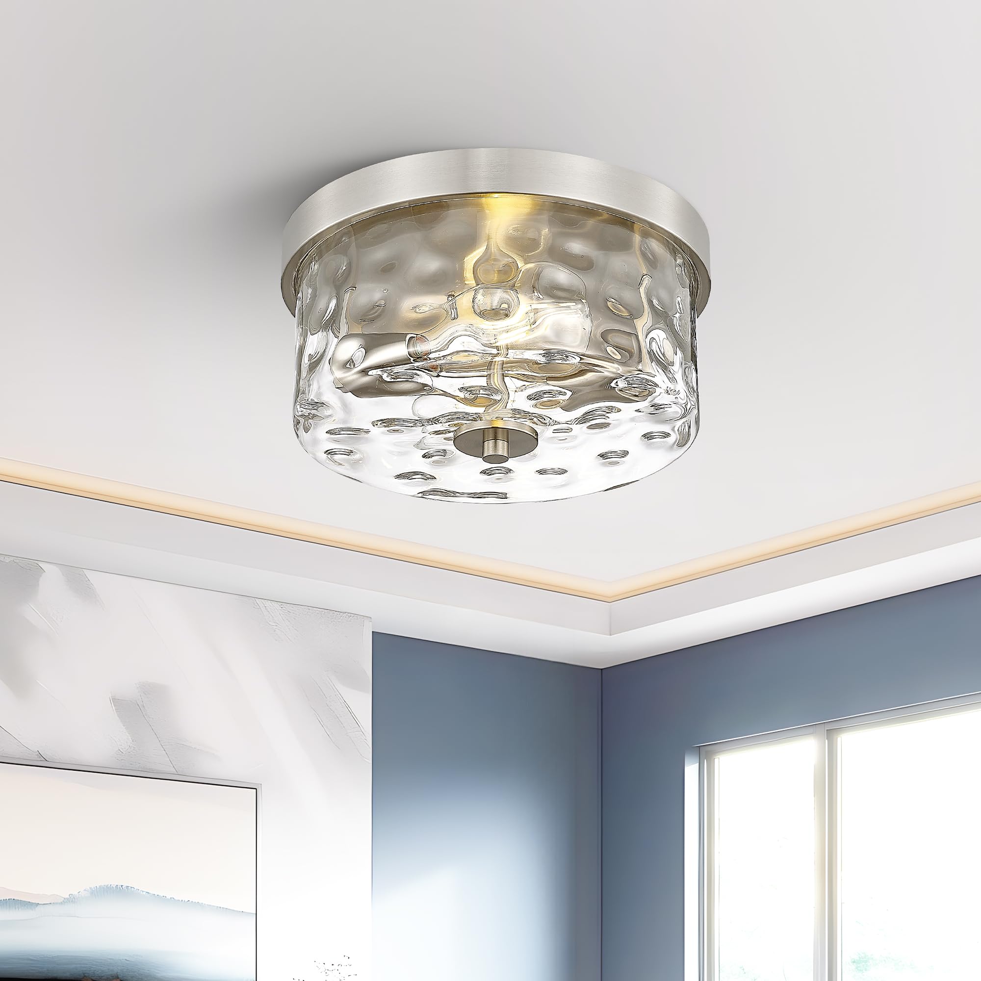 Emak 11&quot; Brushed Nickel Flush Mount Light Fixture With Hammered Glass Shade, 2-Light Ceiling Light