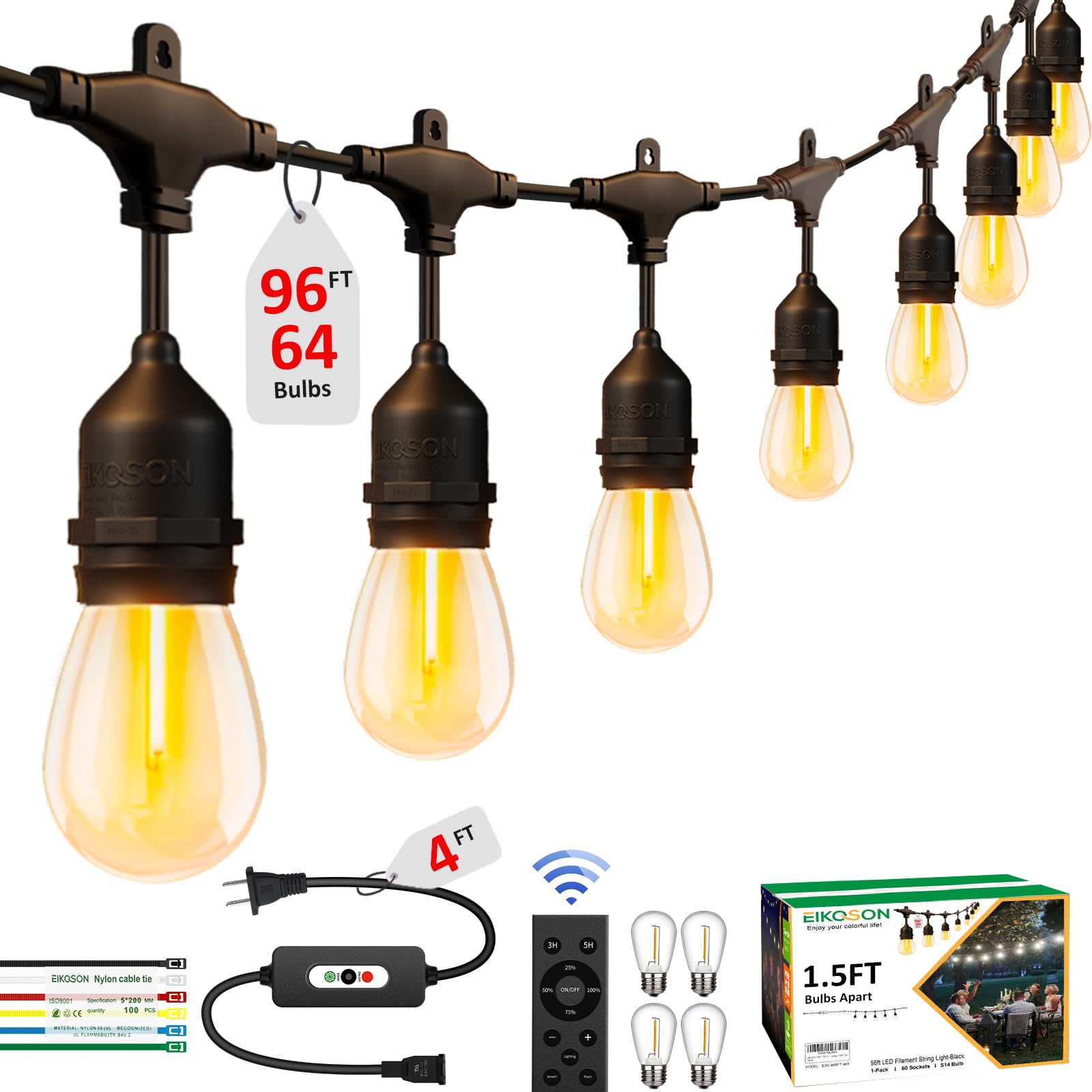 EIKOSON LED Outdoor String Lights, 100FT with 64 Bulbs, Waterproof, Remote & Dimmer, Black, Commercial Grade, Model EIK-96FT-64