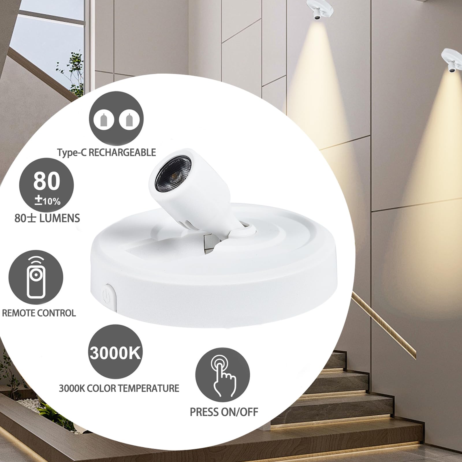 HOFUY Wireless LED Spotlight with Remote, Dimmable, Rechargeable White-A, Model USB-XSpot-QB, Indoor Uplighting for Plants and Art