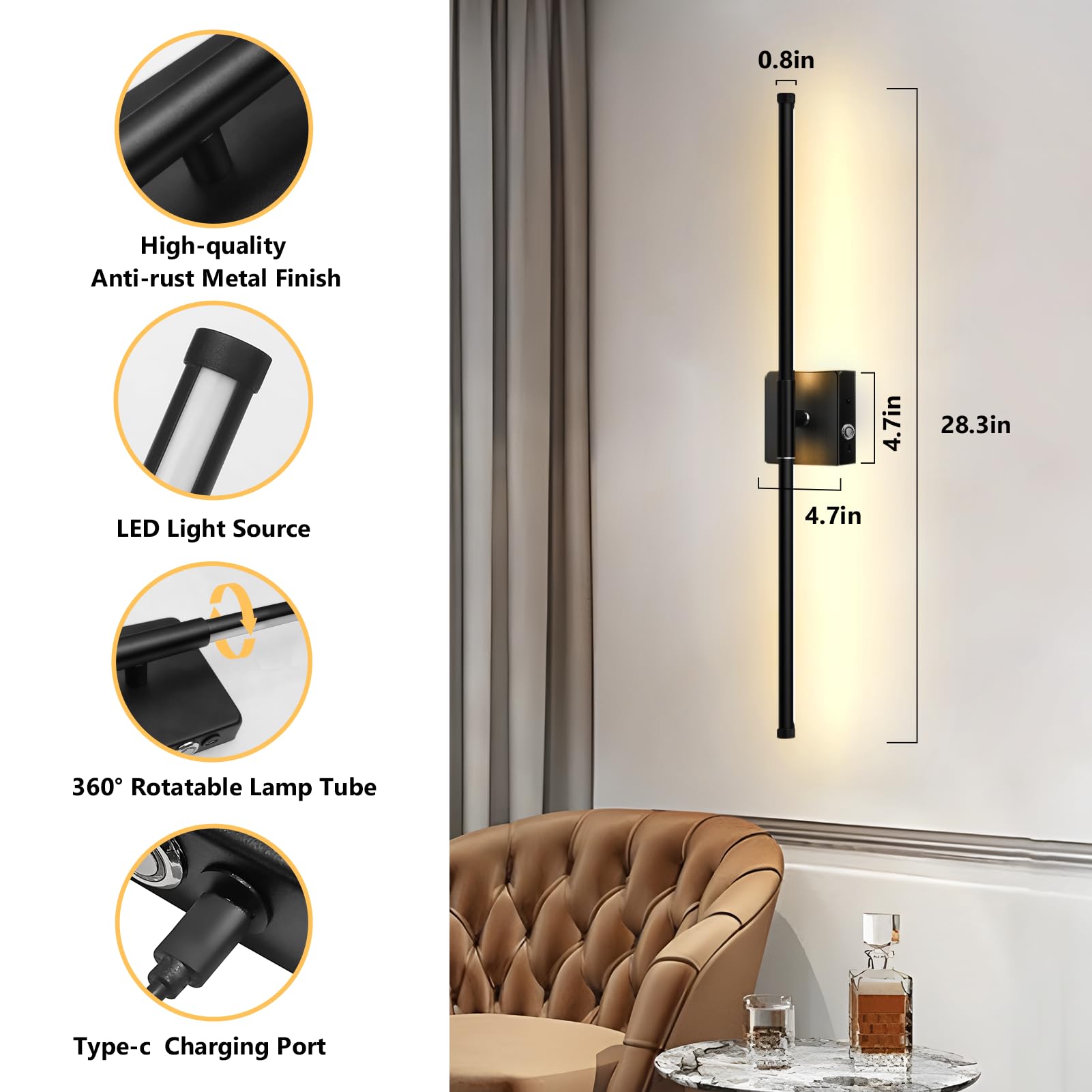 JEAYYDSI Battery Operated Wall Sconces, Dimmable LED, Remote Control, USB Rechargeable, Black, Model GG-Lighting M