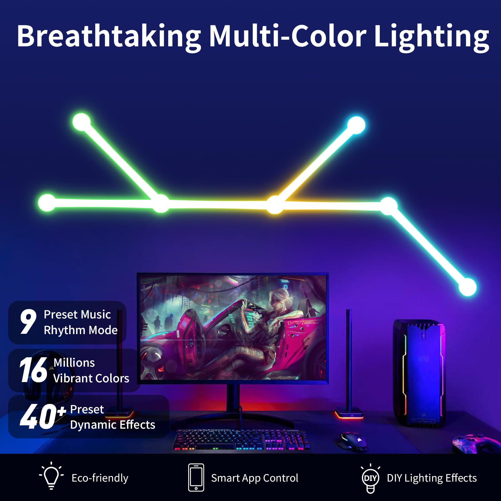 Kobaiban Smart Wall Light Lines, Wifi Rgb Led Light Bars, 16M+ Color Dimmable Music Sync Diy Home Decor Light Bars For Gaming Pa