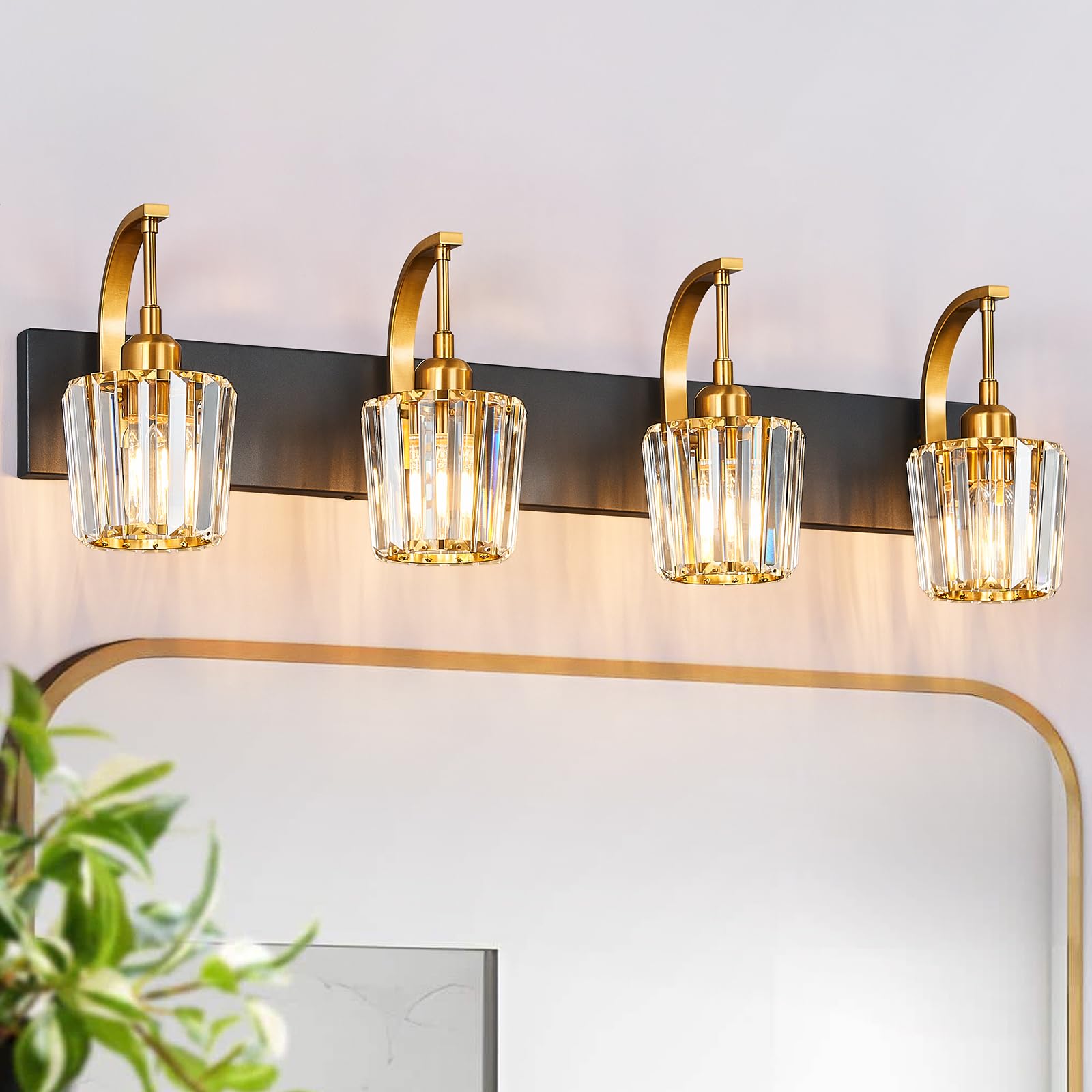 Fdpby Modern Bathroom Vanity Light  4-Light Black Gold Wall Sconce With Crystal Accents  Over Mirror Bathroom Lighting Fixture  32.67 Long Dimmable Vanity Lamp For Makeup  Easy Installation