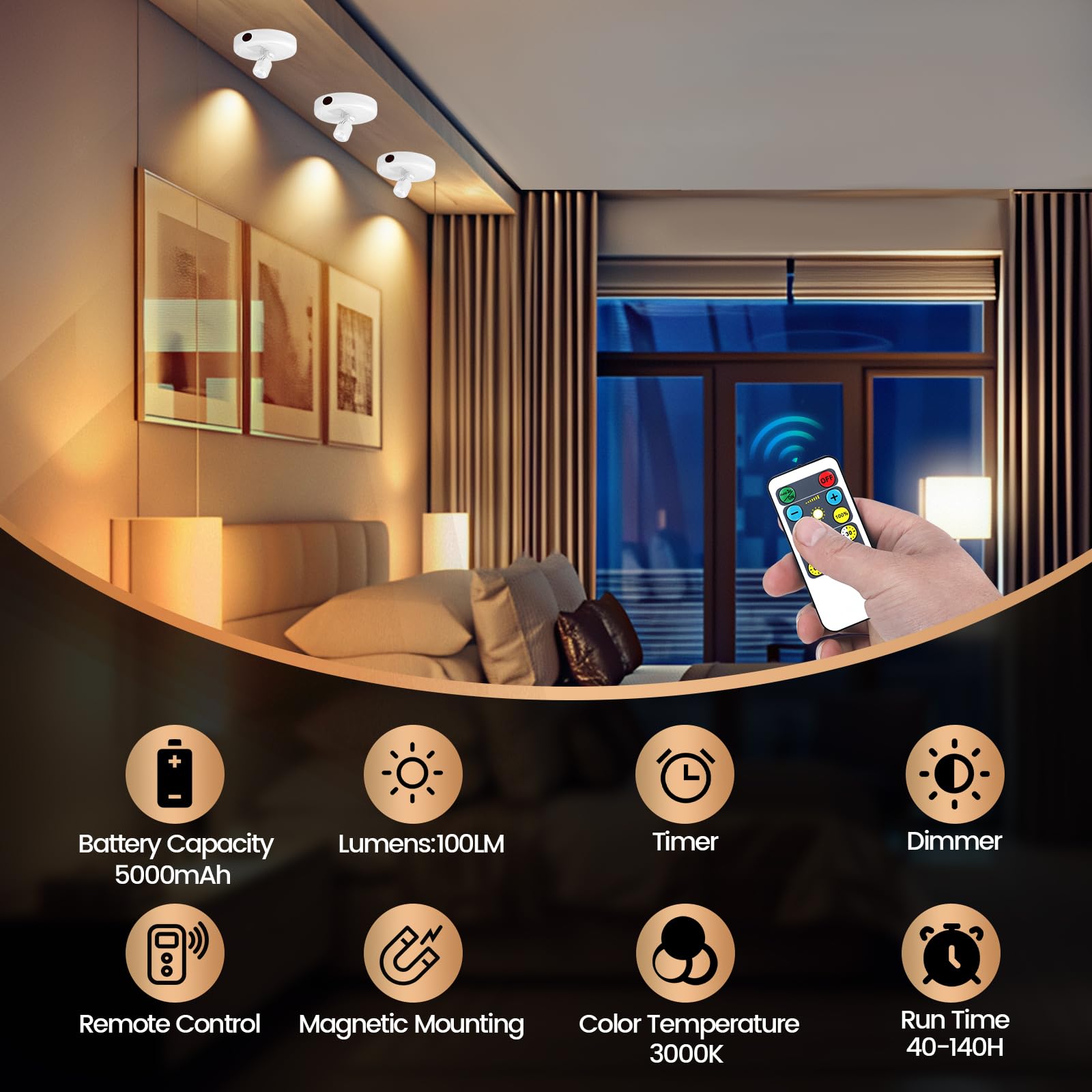 KANESIKI Cordless Spotlight Battery Powered, Plant Spot Light Indoor, Rechargeable Picture Lights with Remote, LED Accent Lighti