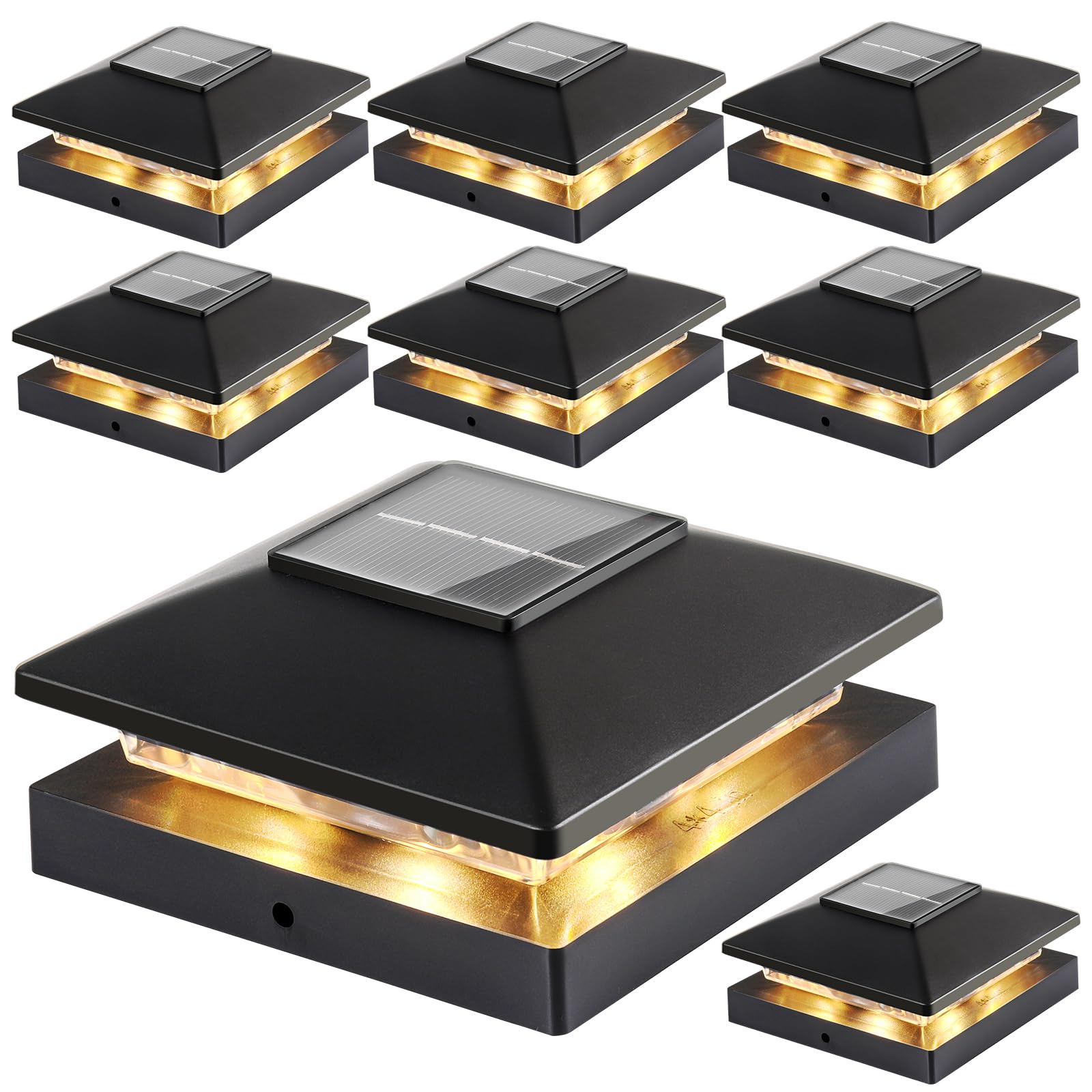 Solar Post Cap Lights Outdoor 8pack, Black Waterproof Solar Powered Deck Fence Post Lights Fit 4x4 Wood/Vinyl Posts, Bright Warm