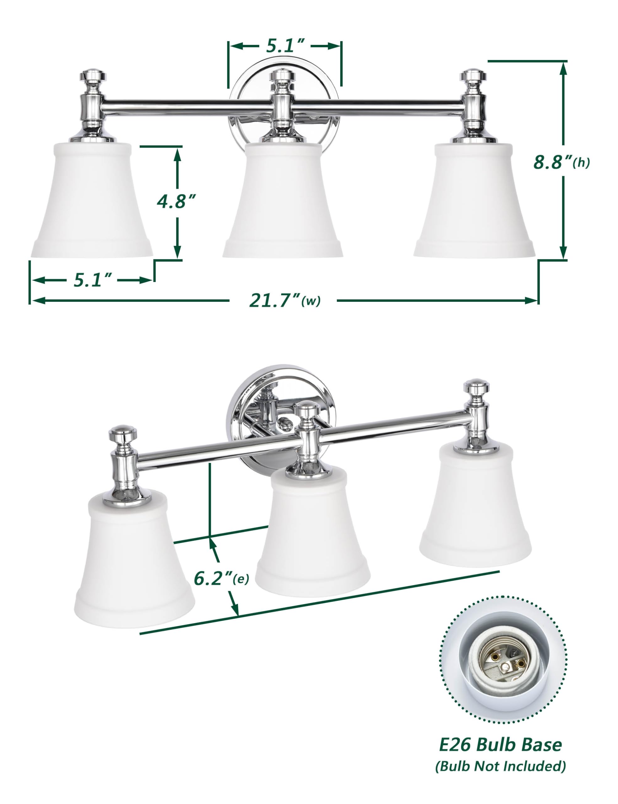 Hanaloa Bathroom Vanity Light Fixtures, Traditional Chrome 3 Lights Wall Sconce Lighting With Opal Glass Shade, Porch Wall Mount Light Fixture For Bathroom, Mirror Cabinets Hallway Stairs