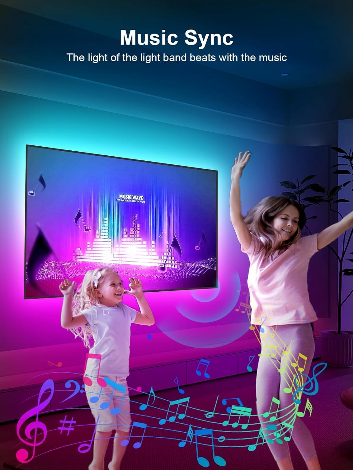Gipoyent Music Sync Led Tv Backlights, 9.8Ft Rgb Light Strip For 32-50 Inch Tvs, Bluetooth Function, Plastic Material