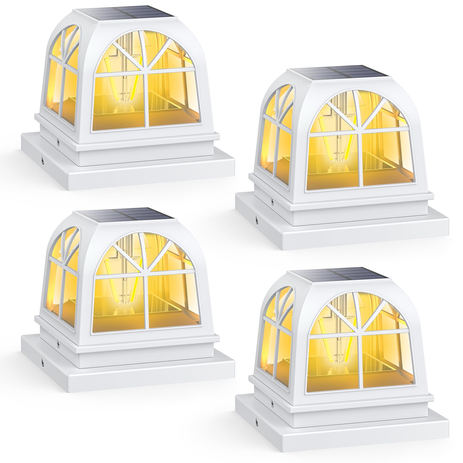 Siedinlar Solar Post Cap Lights Outdoor Fence Deck Post Light 2 Brightness Edison Led Bulbs For 4X4 5X5 Wooden Vinyl Posts Patio Decoration  Warm White Lighting 4 Pack (White)
