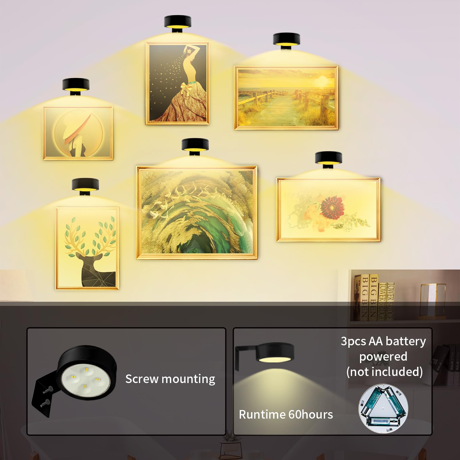 Arixinks 3Pack Picture Light Battery Operated With Remote, Painting Light For Art With 3 Lighting Colors&Dimmable, Led Art Displ