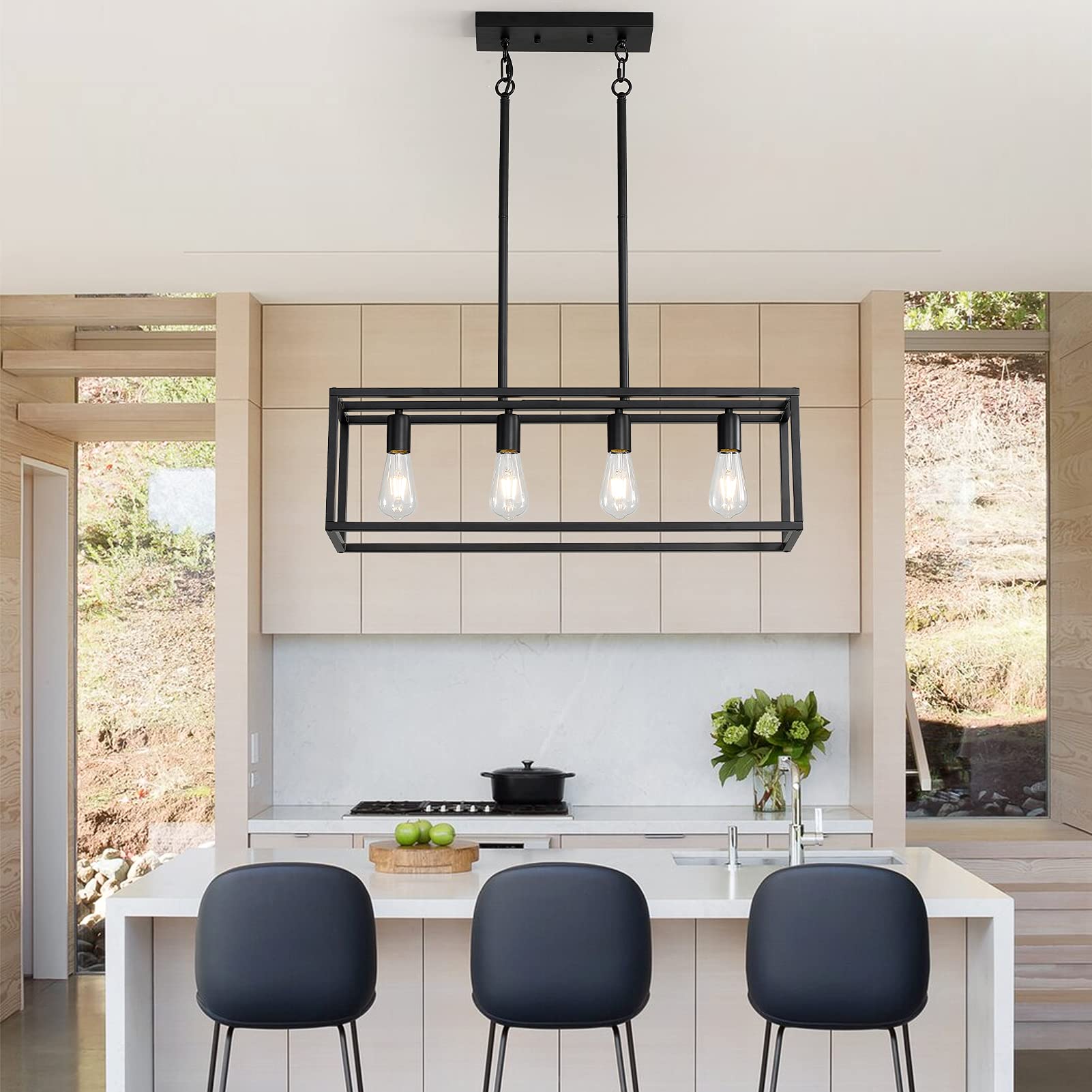 Xislthotsl Black 4-Light Industrial Vintage Chandelier, Modern Linear Rectangular Cage Hanging Light Fixture For Farmhouse Kitchen, Dining Room, Bar, Living Room