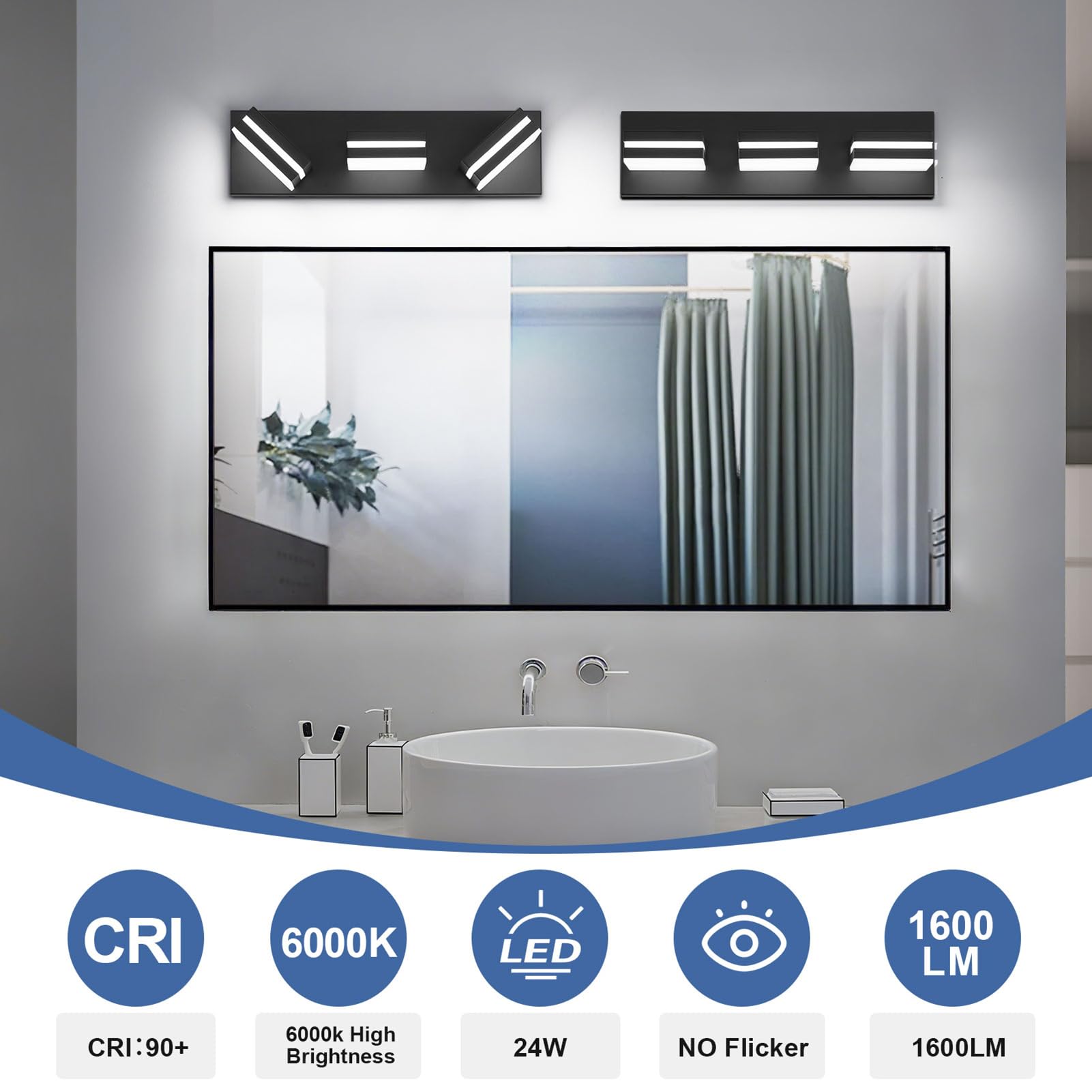 JZEKVN Modern LED Bathroom Light Fixture, 3-Light Metal Black Acrylic, 16.14in, 6000K Vanity Lighting Over Mirror