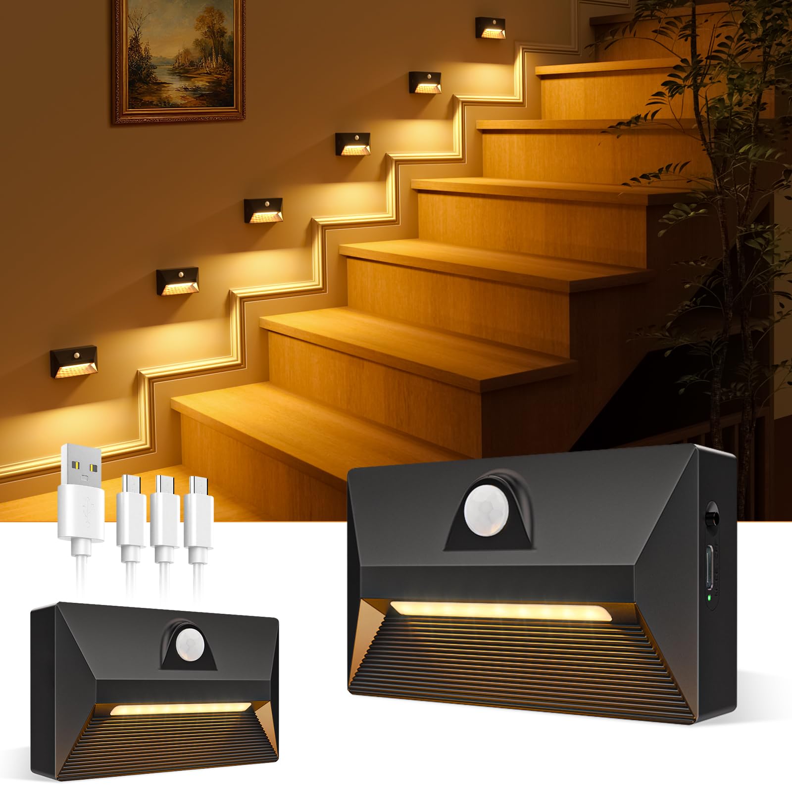 VOLISUN Motion Sensor Stair Light Rechargeable 2 Pack, Night Lights 3 Modes & 3 Color Temperatures, Magnetic Rechargeable Stick-