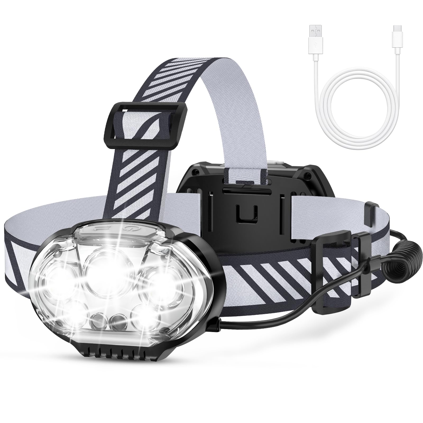 MIOISY Rechargeable Headlamp, 20000 High Lumen Bright 5 LED Head Lamp with Red White Light, IPX4 Waterproof Headlight,8 Mode Hea