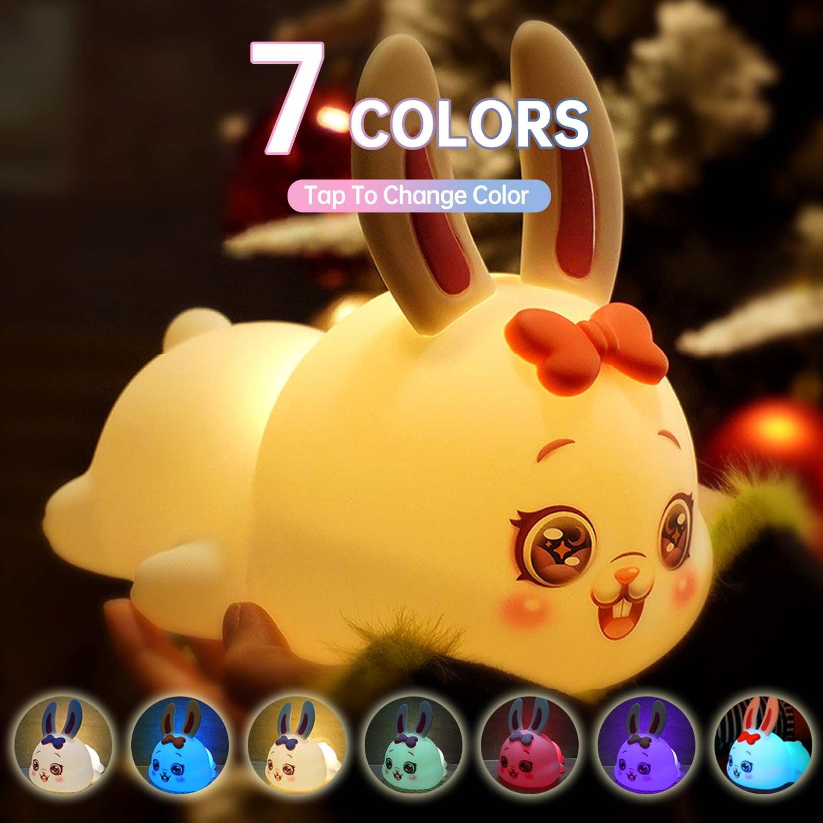 BIUTYVOICE Bunny Night Light for Kids, 7 Colors LED Nightlight for Bedroom, Cute Rabbit Nursery Night Lamp for Girls Boys, Cute