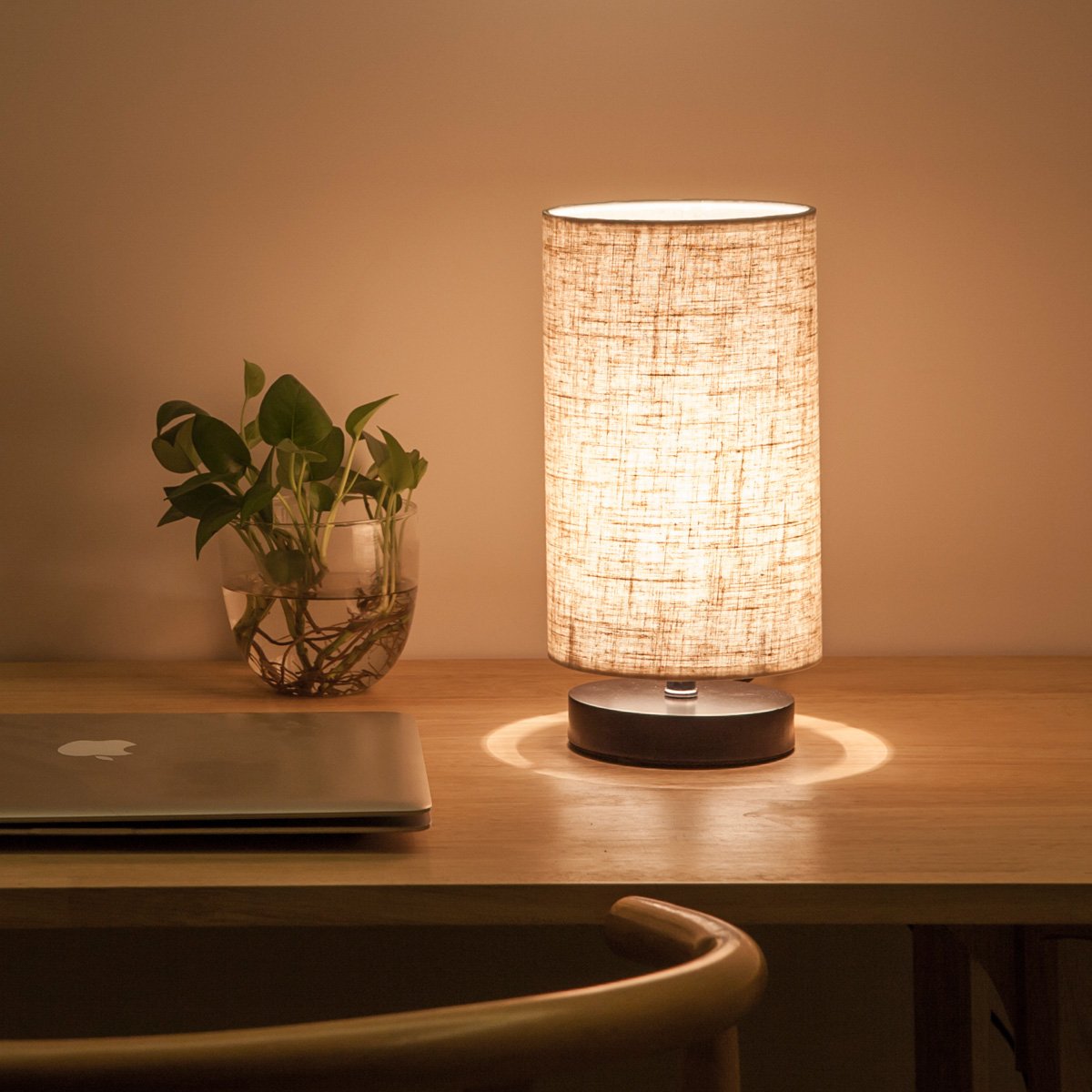 lifeholder Table Lamp, Simple Fabric Wooden Design, Round Beige, Model TD-01, Ideal for Bedroom, Living Room, Office