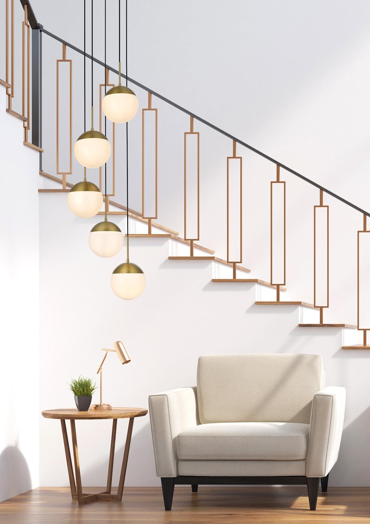 Living District Eclipse 5 Lights Brass Pendant With Frosted White Glass