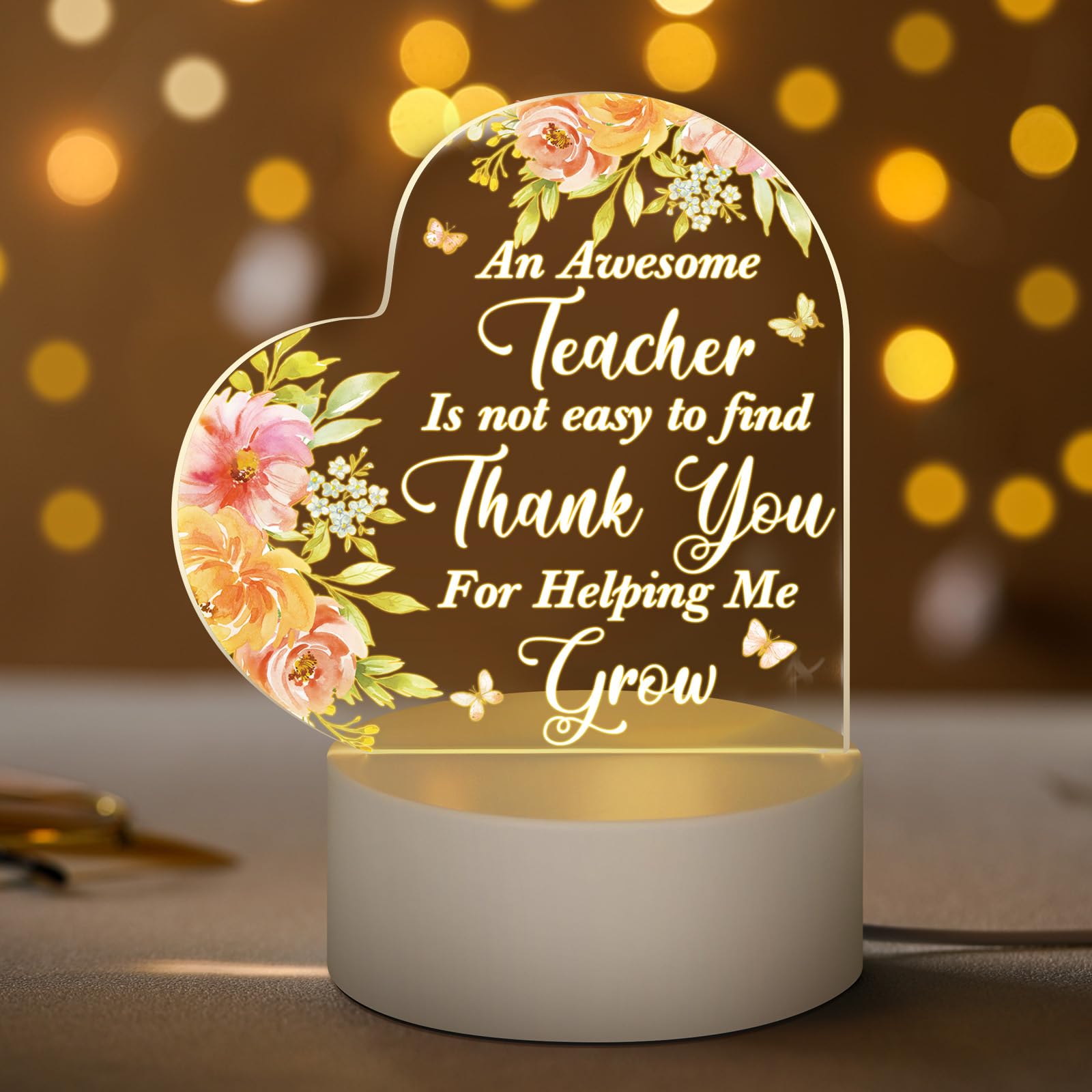 Woanger Teacher Appreciation Gift Thank You Gift from Students Heart Shaped Acrylic Lamp for Team Coworker Retirement(Thank You)