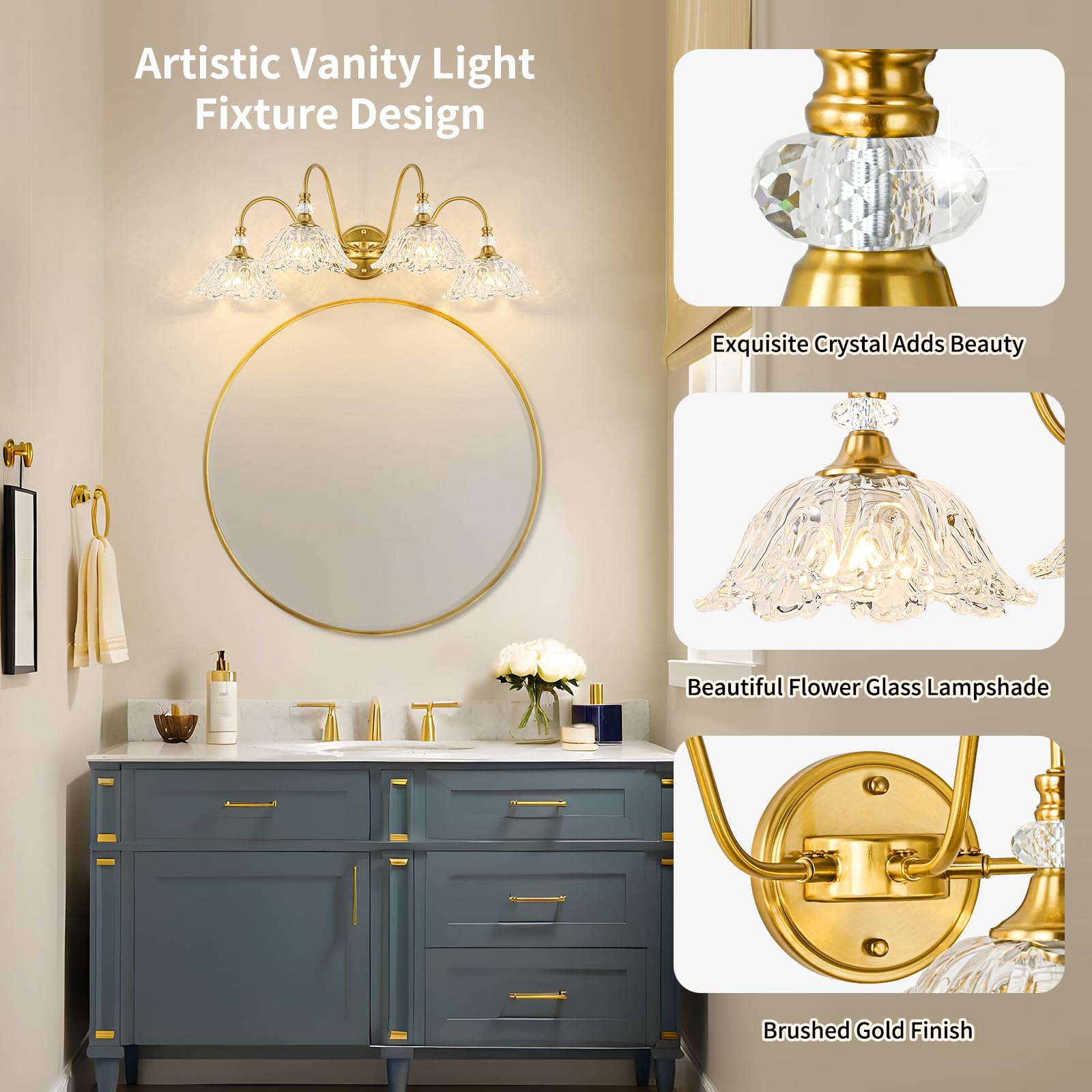 sunkryster 4-Light Gold Bathroom Vanity Light, Floral Glass Shades, Metal, Model Sun-104AB-4-Gold