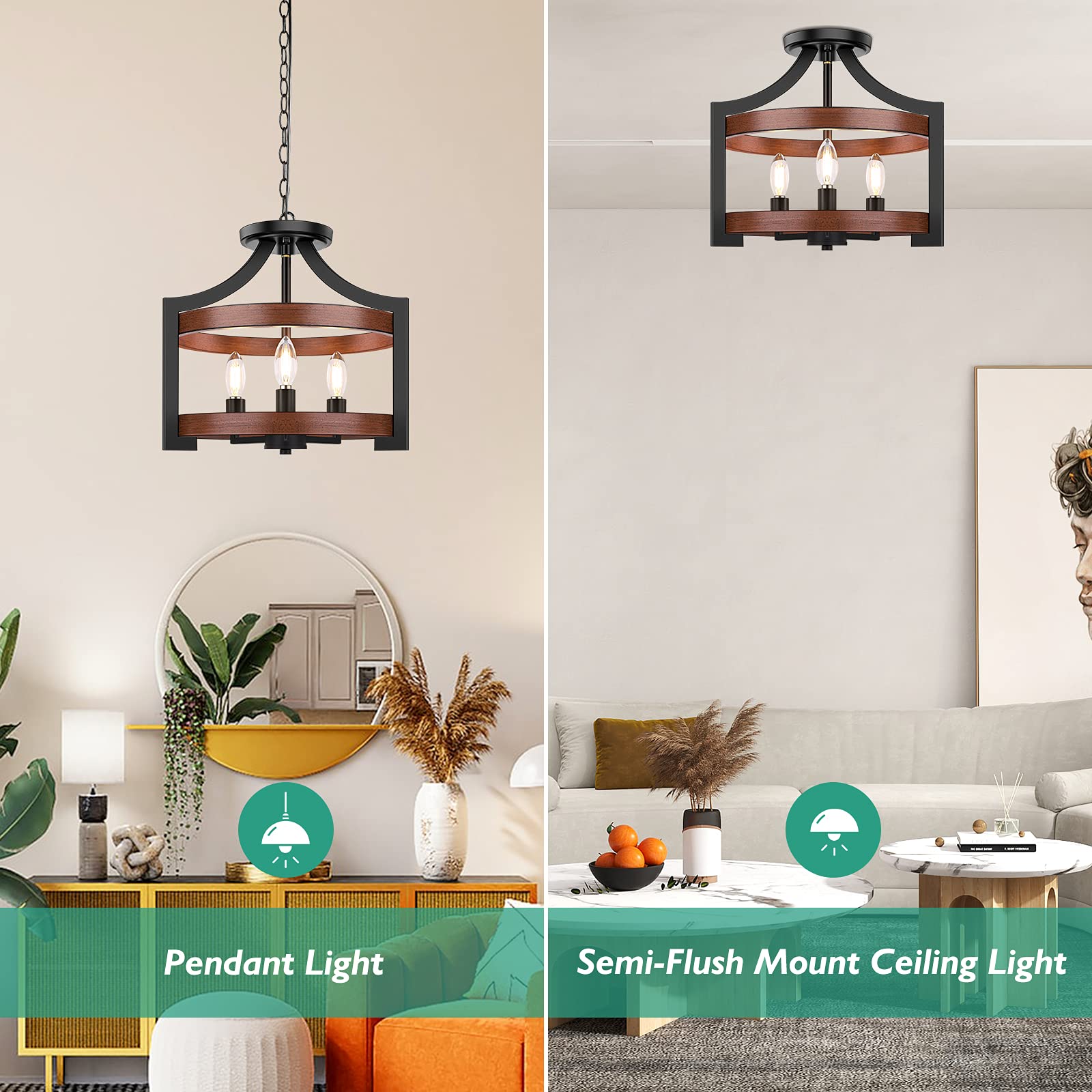 3-Light Rustic Farmhouse Pendant Hanging Light Adjustable Height Max 68In, Convertible Vintage Semi Flush Mount Ceiling Light Fi