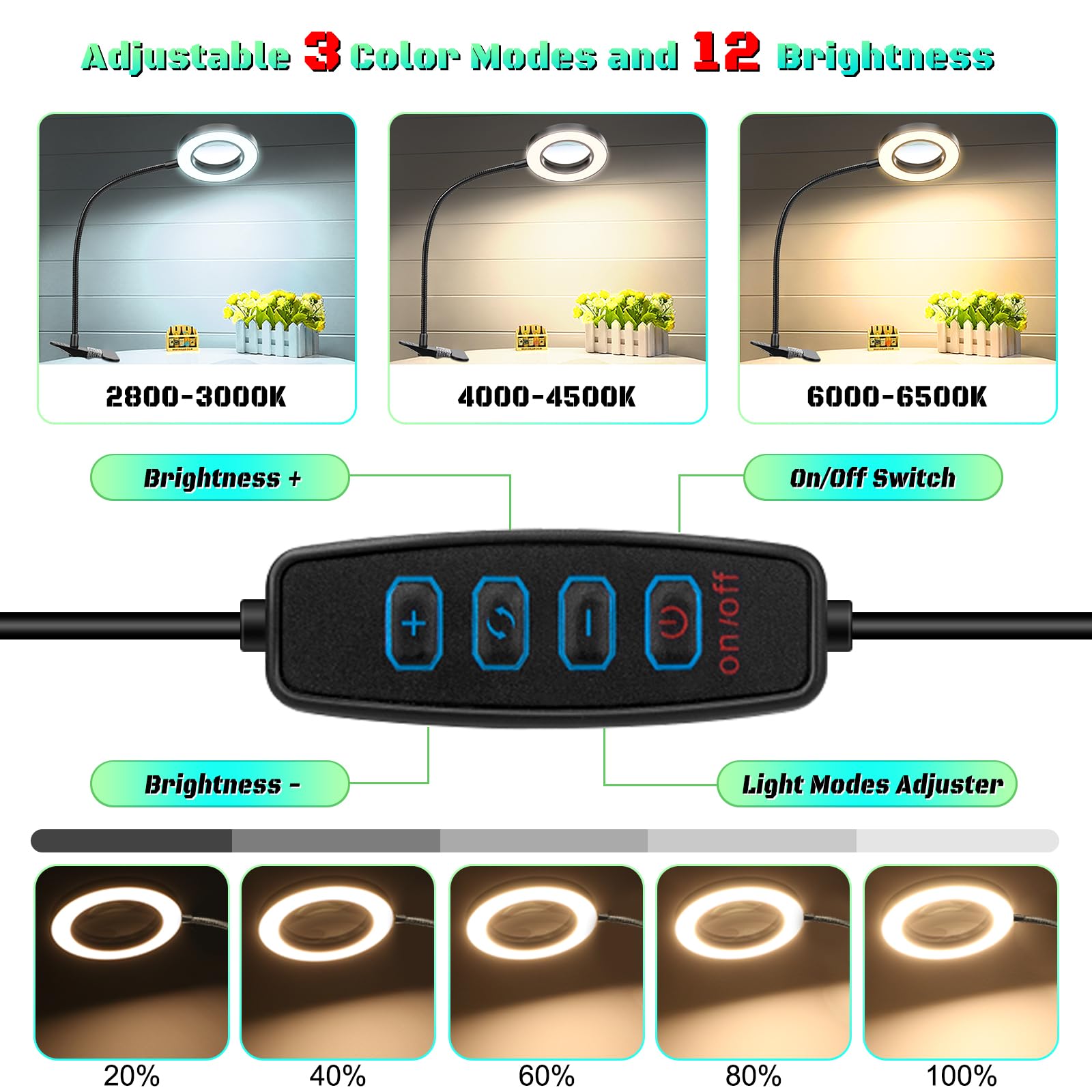 10X Magnifying Glass With Light, Clip On Mganifier With Light, 48 Led Desk Magnifying Glass Wtih Clamp, 3 Modes Dimmable Magnify