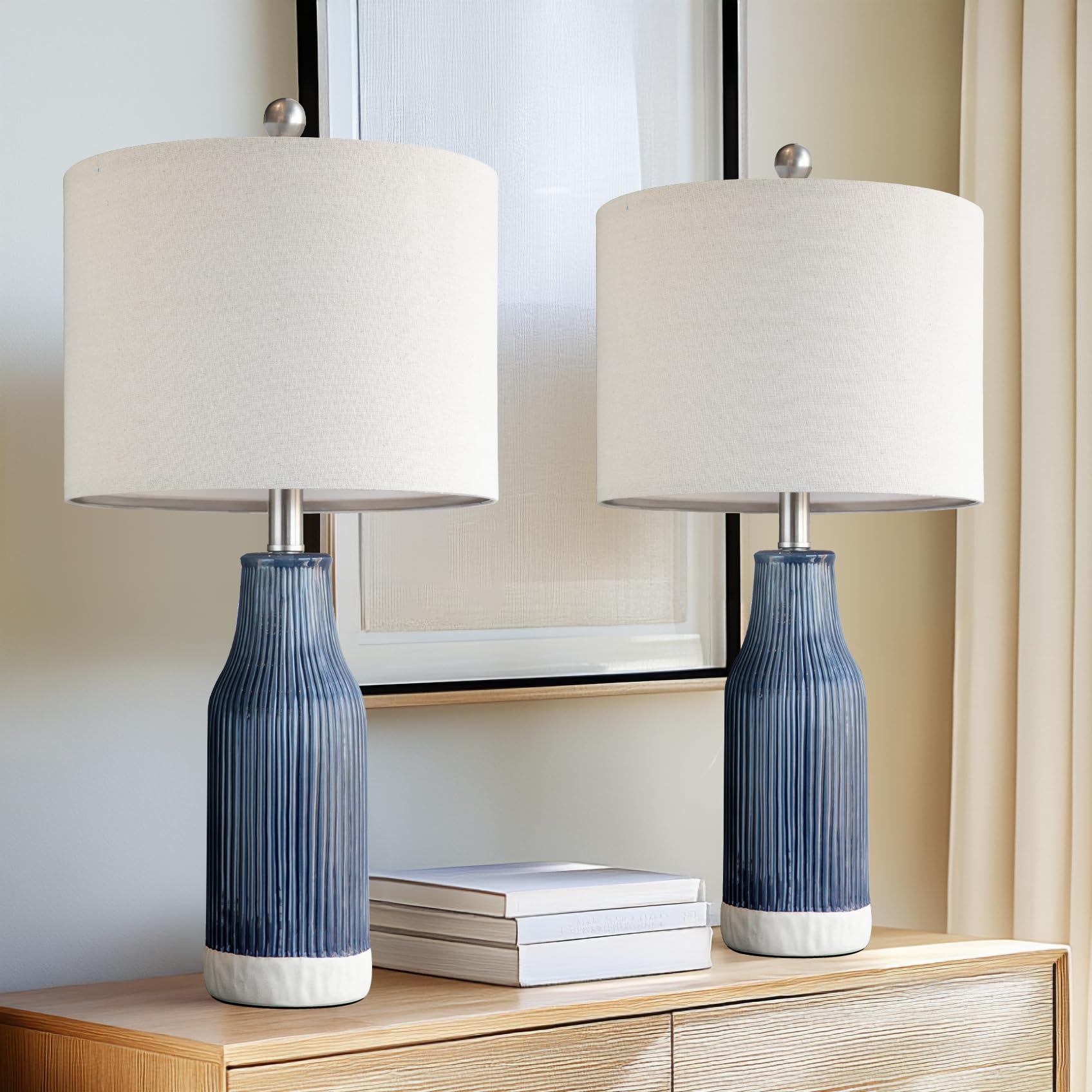 USumkky 23.75'' Modern Blue Ceramic Table Lamp Set of 2 for Living Room, Farmhouse Bedside Nightstand Lamp for Bedroom Home Offi