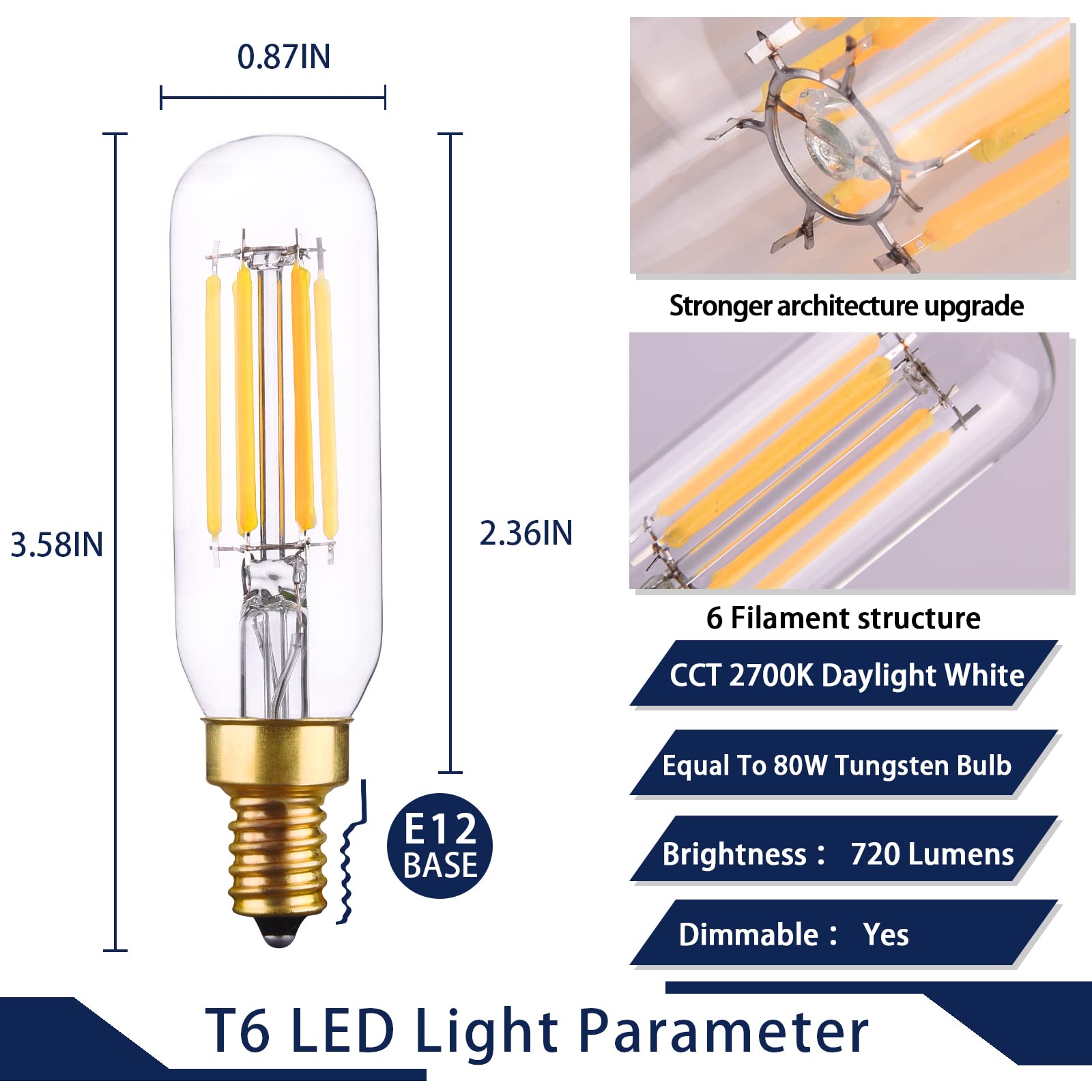 Create Bright Vintage Led Edison Bulbs E12 Candelabra Dimmable Light Bulbs T6 T25 80W Equivalent,2700K Warm Light,3.58 Inch,12-P