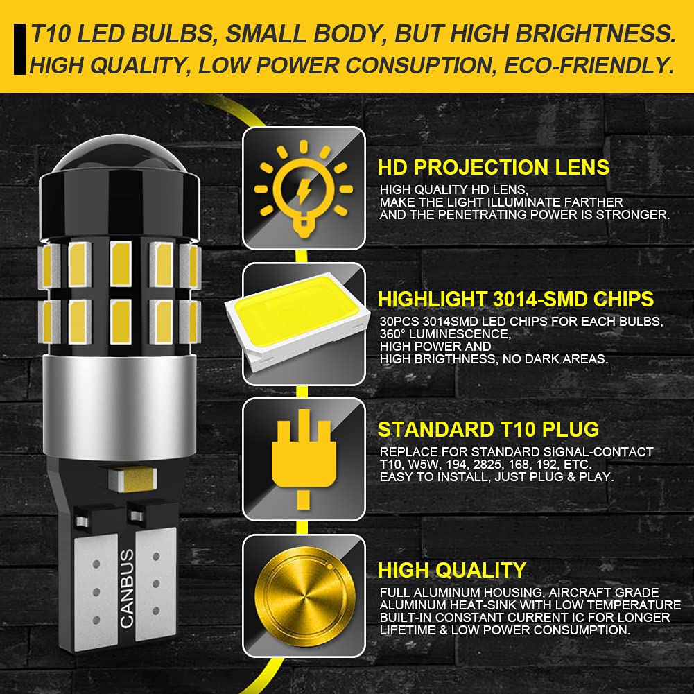 NATGIC 6000K White W5W 194 LED Bulb for Sidelight,Interior Light,License Plate Bulb,168 T10 LED Bulb Canbus Error Free,921 2825