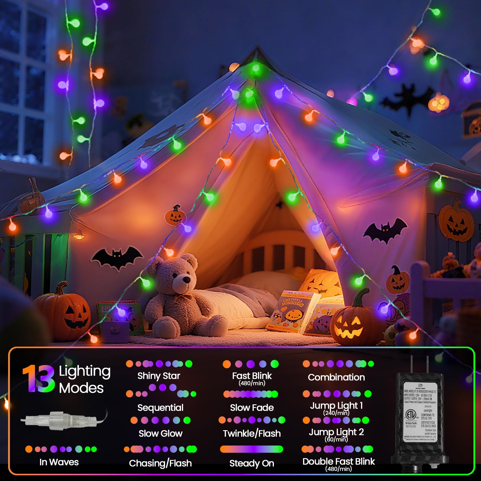 LORRYTE 100 LED Connectable Globe String Lights - 43FT, Waterproof, Timer, 13 Modes, Orange Purple Green, Halloween Indoor Outdoor Decor