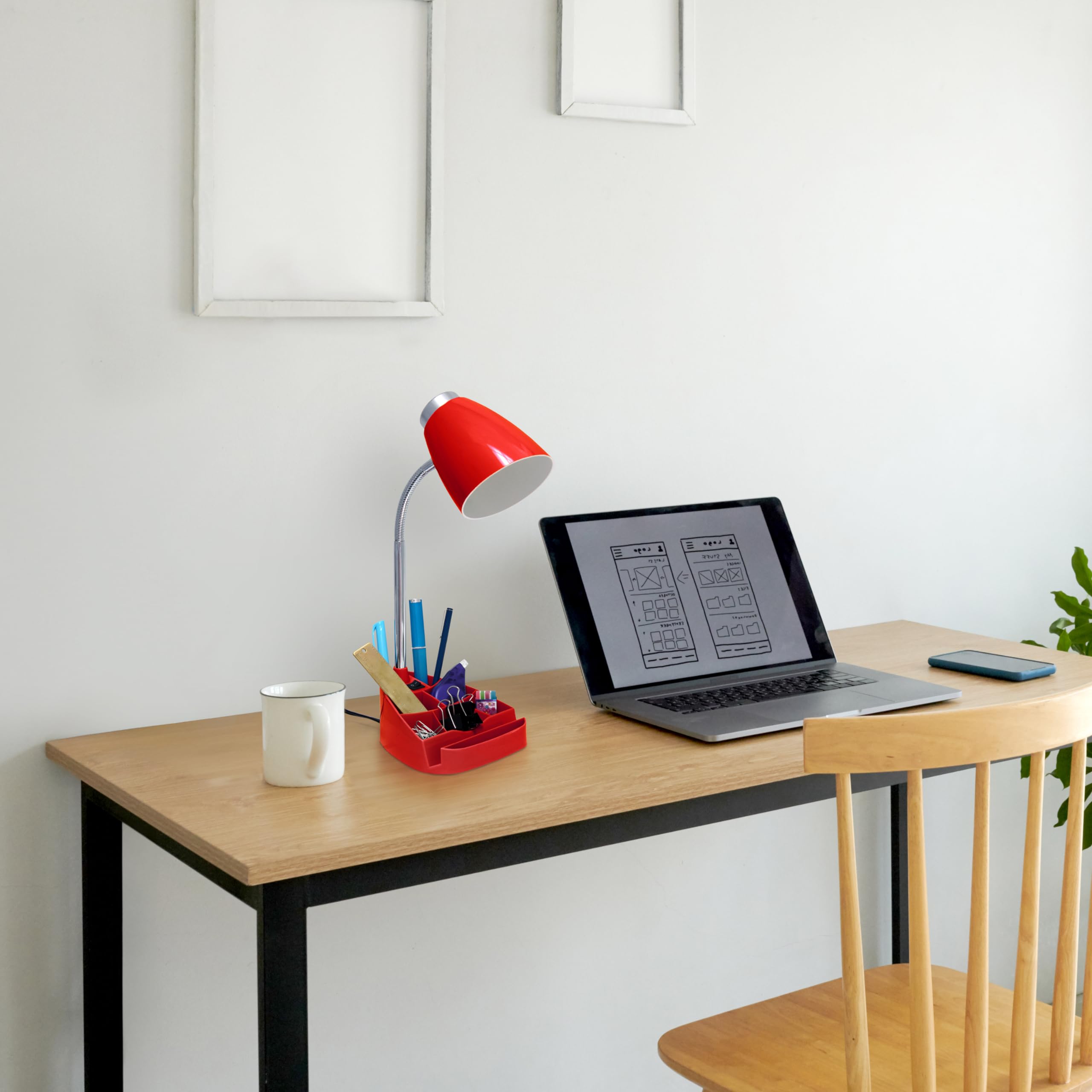Simple Designs Ld1067-Red Compartmental Desk Lamp With Iphone/Ipad/Tablet Stand, Bendable Gooseneck, For Office, Living Room, Ni