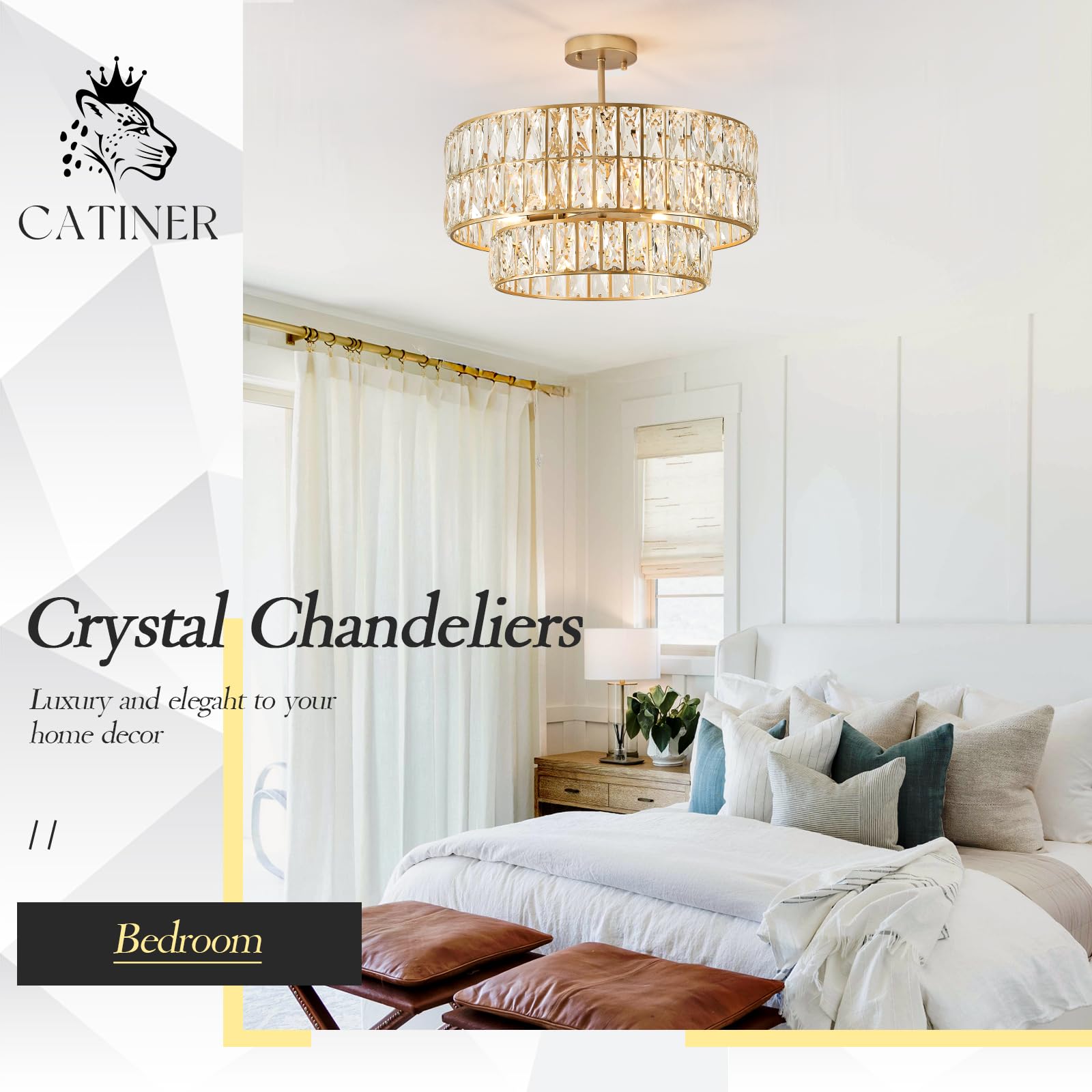 Catiner Gold Crystal Chandelier Modern 18" Round Semi Flush Mount Ceiling Light For Dining Living Room Bedroom & Foyer - Large Round Pendant Fixture