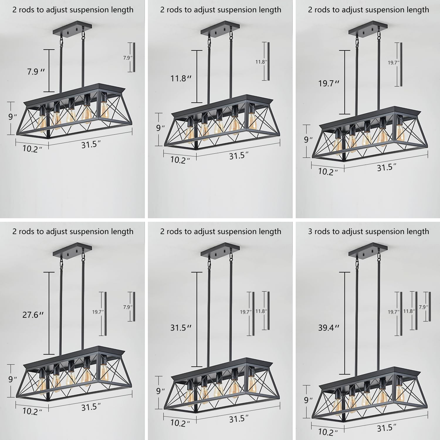 Huixute 5-Light Farmhouse Pendant Light For Dining Room, Rustic Kitchen Island Lighting, Adjustable Height Chandeliers For Kitch