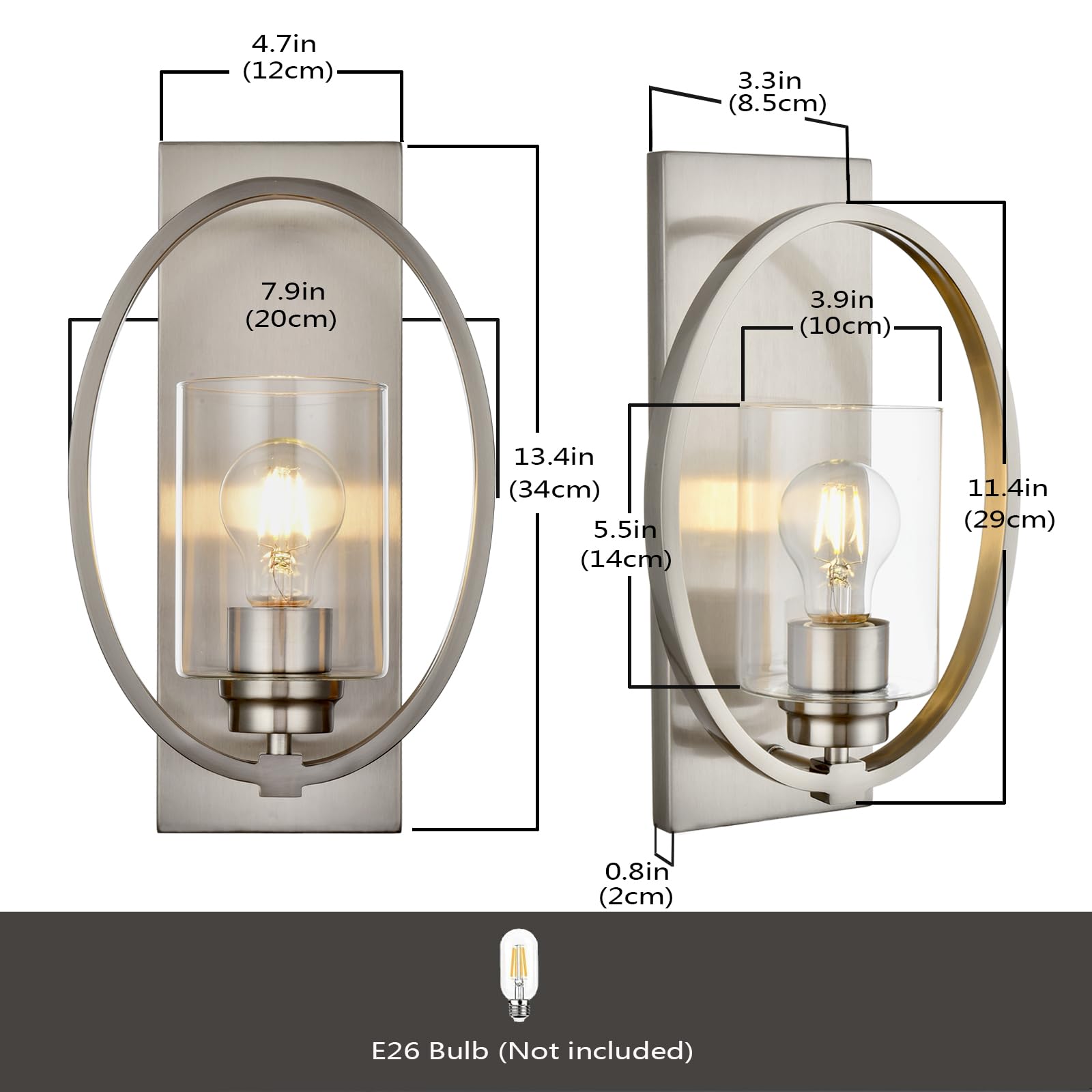 A1A9 Brushed Nickel Wall Sconce Light, 1-Light Vintage Candle Wall Sconces With Glass Shade, E26 Base, Indoor Dimmable Bathroom
