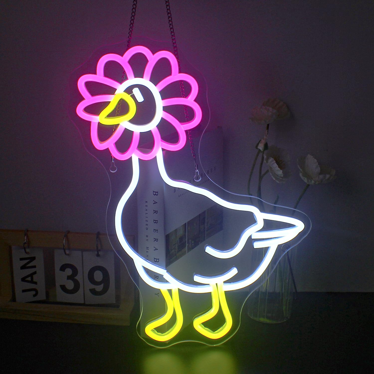 DREAMFORT Neon Sign - Pink Daisy Duck Wall Decor, Dimmable, USB Connectivity, Model DO-daisy duck
