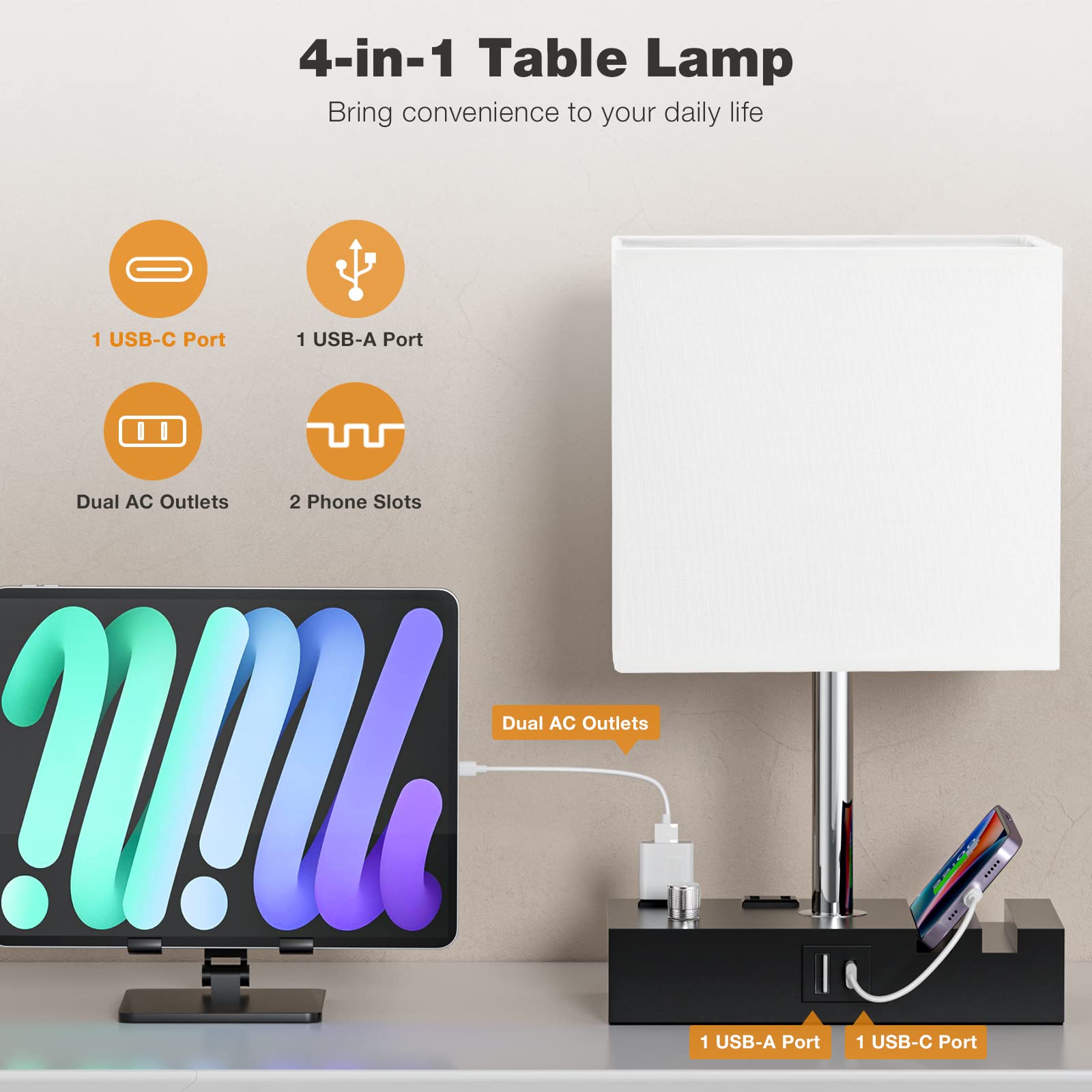 Kakanuo Bedside Lamps Set of 2, Fully Dimmable White USB Table Lamps with Charging Ports and Phone Stand, Wooden Design, Bulb Included