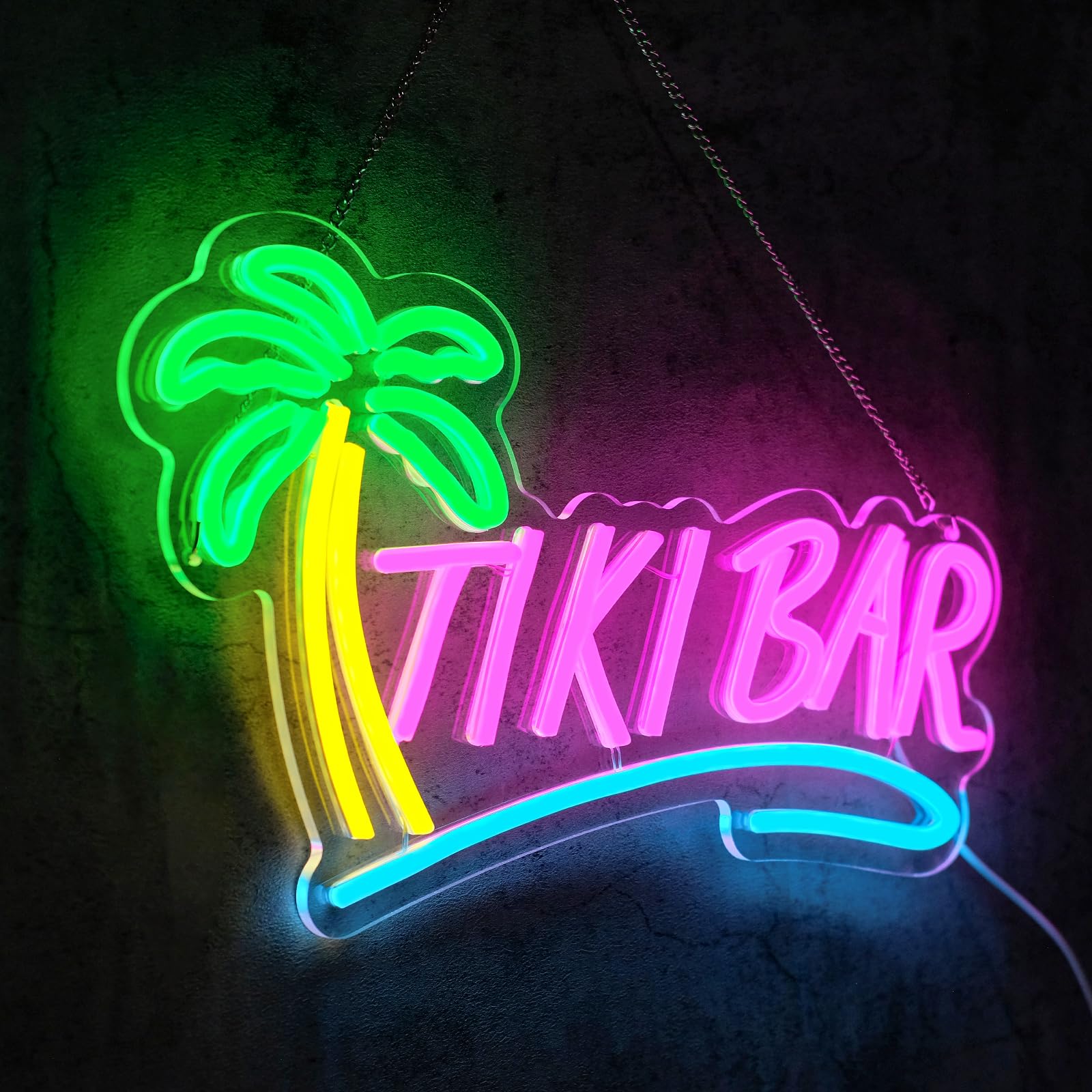 Virlusy Tiki Bar Neon Sign - Dimmable LED Wall Decor, 12-16 inches, Acrylic, Pink Yellow Green Blue