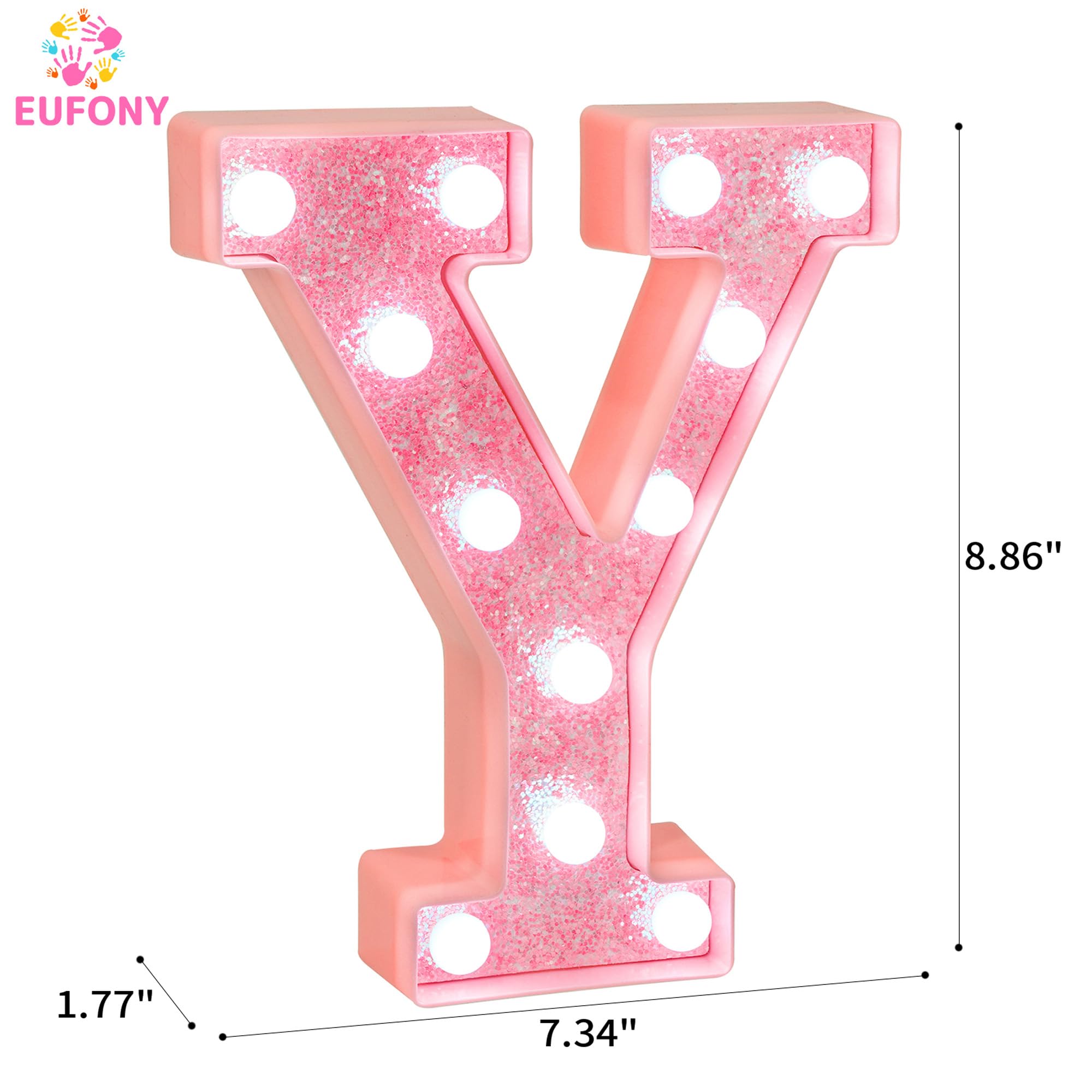 EUFONY Pink Glitter LED Marquee Light Up Letter Y with Cool White Lights, Battery-Powered Alphabet Letter Sign for Girls Gift, B
