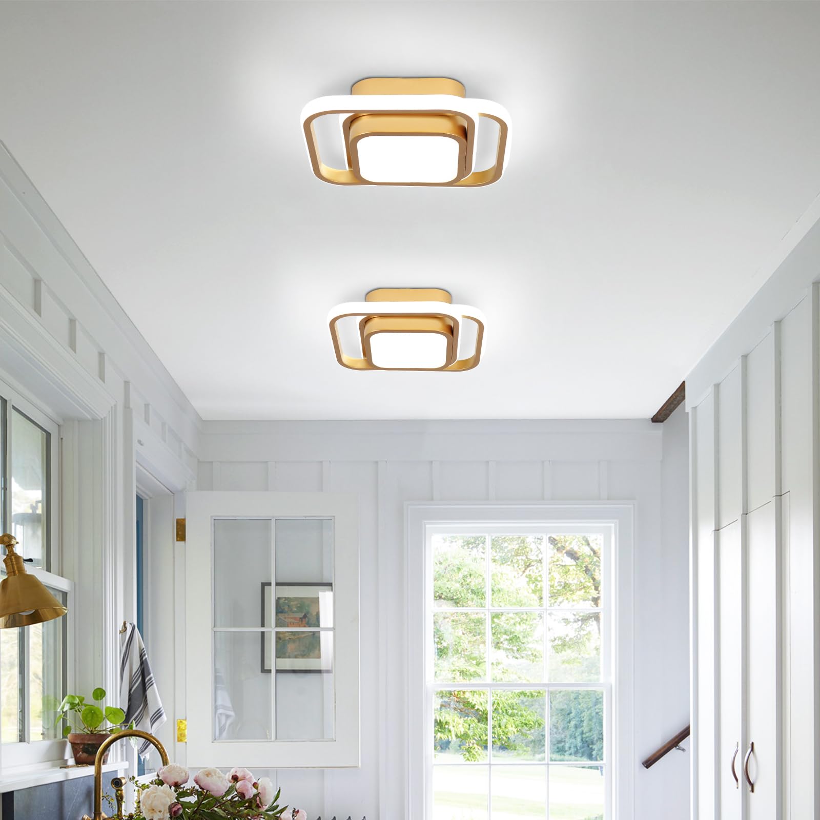CANEOE Gold Ceiling Light, Modern Square Fixture, Cool White 6000K, Model GDD-32FGD-C, Ideal for Hallway, Bedroom, Kitchen