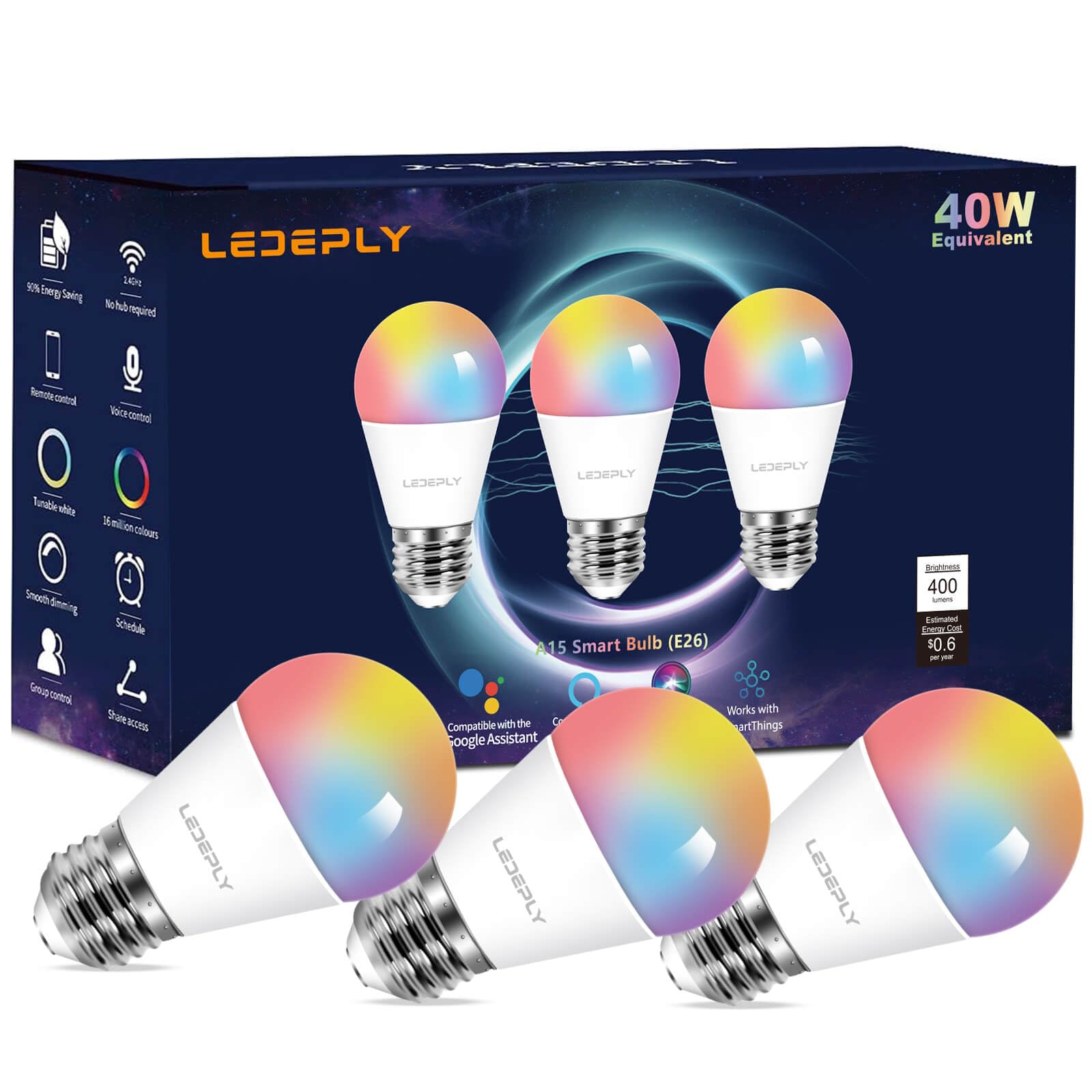 Ledeply A15 Led Smart Bulb, Compatible With Alexa, Google Home, E26, 5W=40W, Color Changing, Dimmable Wifi Light Bulbs, No Hub R
