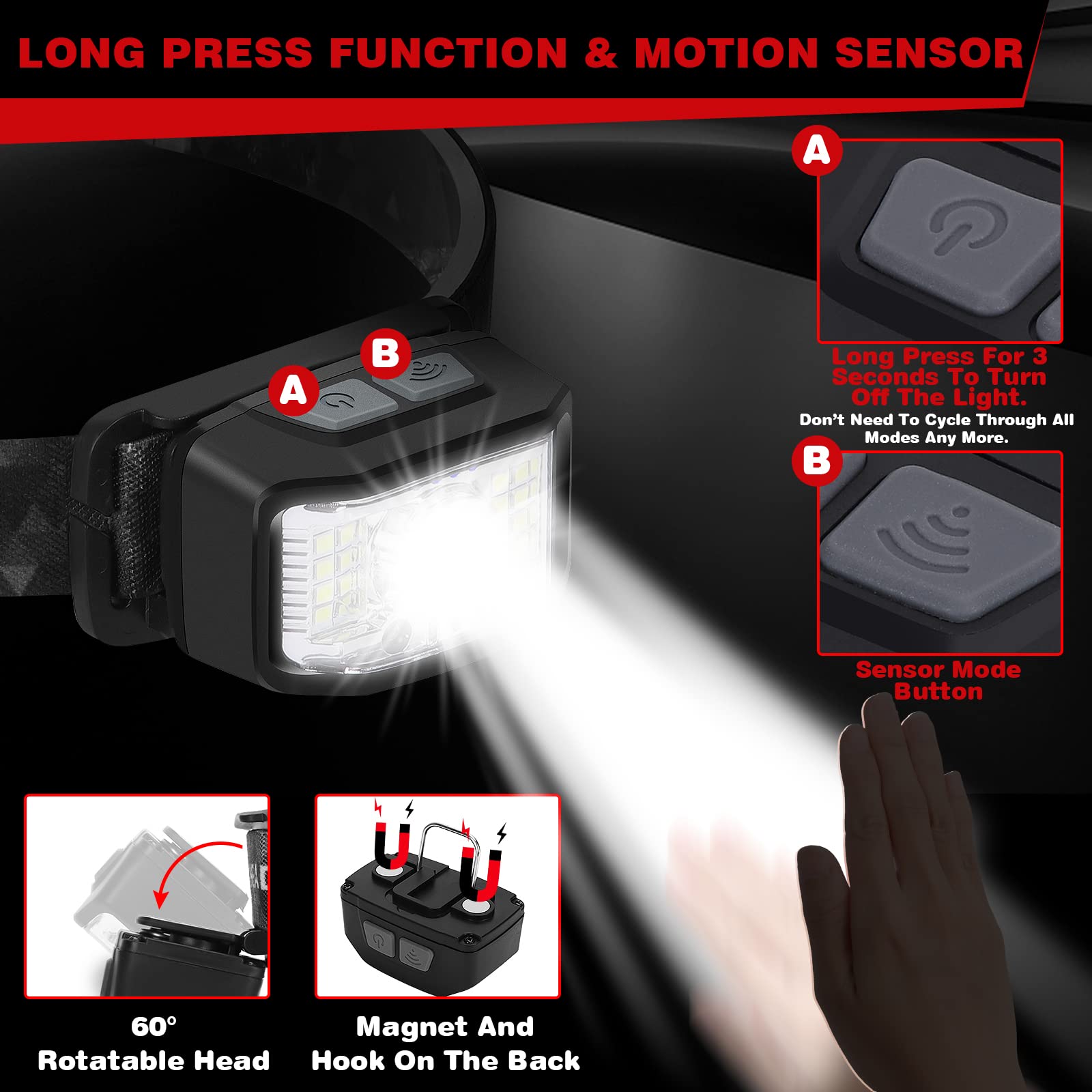 Headlamp Rechargeable,2 Pack 2000 Lumen Ultra Bright Led Headlamp,16 Modes Motion Sensor Head Lamp,Waterproof Lightweight White Red Led Flashlight For Camping,Cycling,Running,Headlamps For Adults
