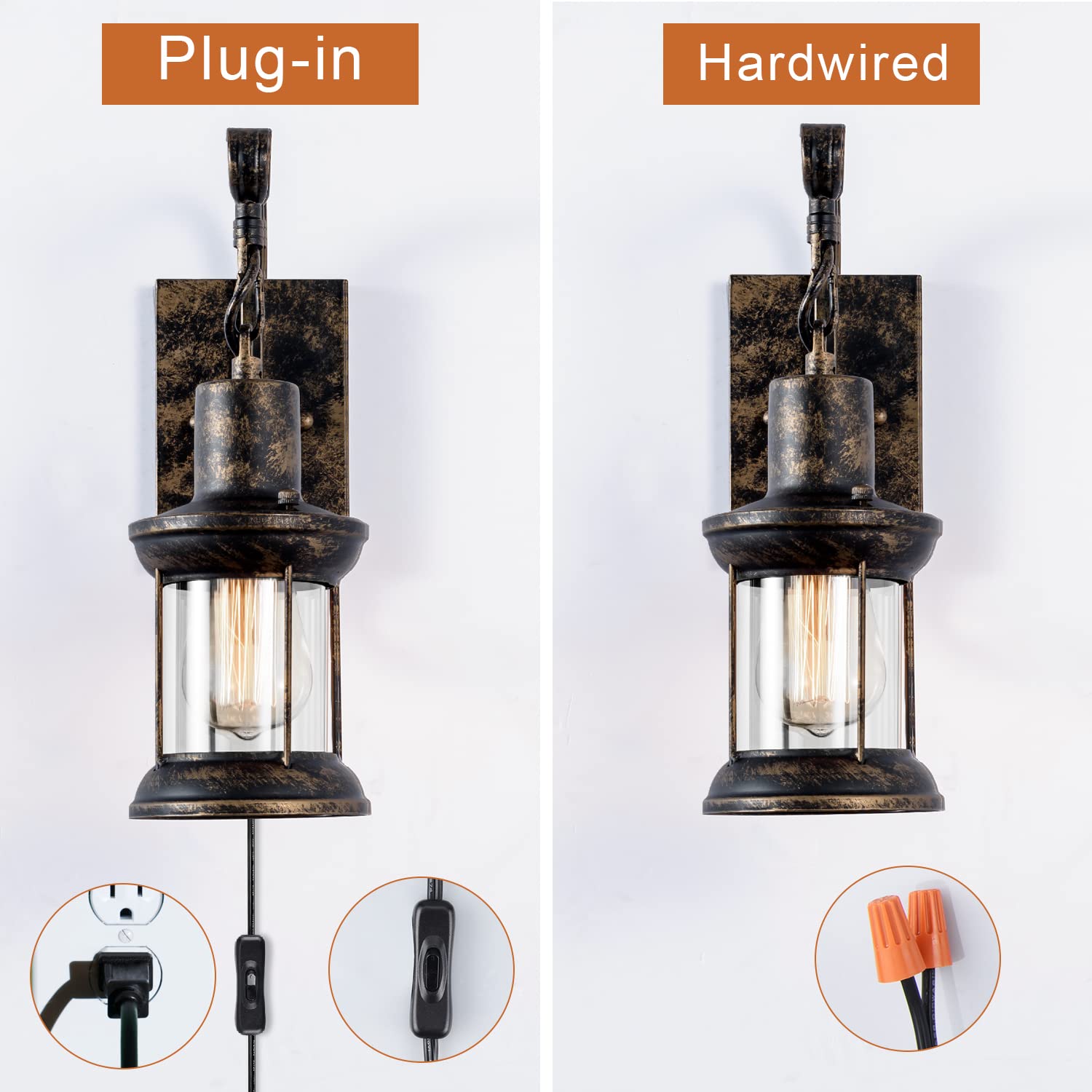 Gladfresit Vintage Wall Sconces Oil Rubbed Plug In, Industrial Wall Lights Rustic 2 In 1 Design, Glass Shade Lighting Fixture Wi