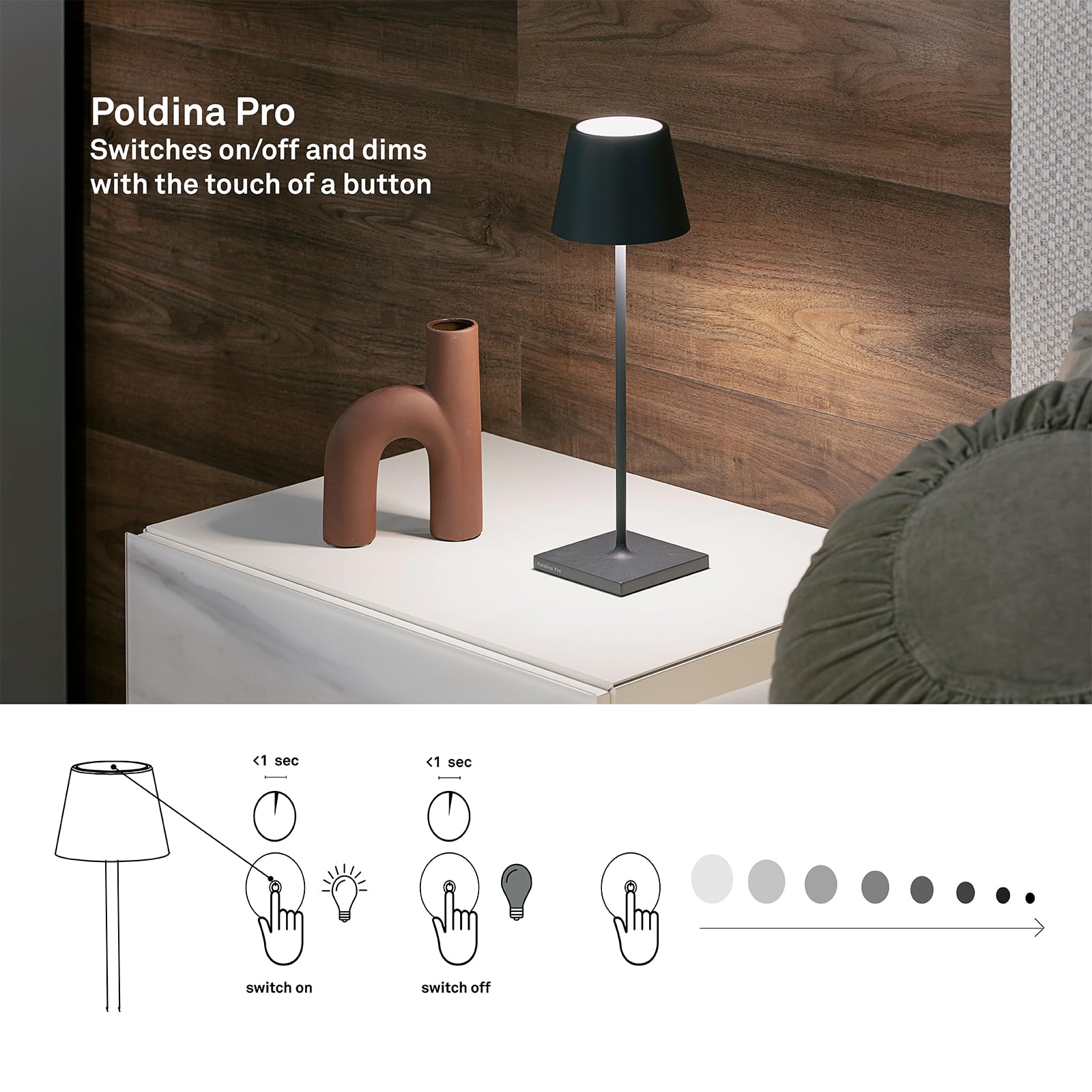 Zafferano Poldina Pro Rechargeable Table Lamp - Cordless, Touch Control, Sand Color, 14.9&quot;