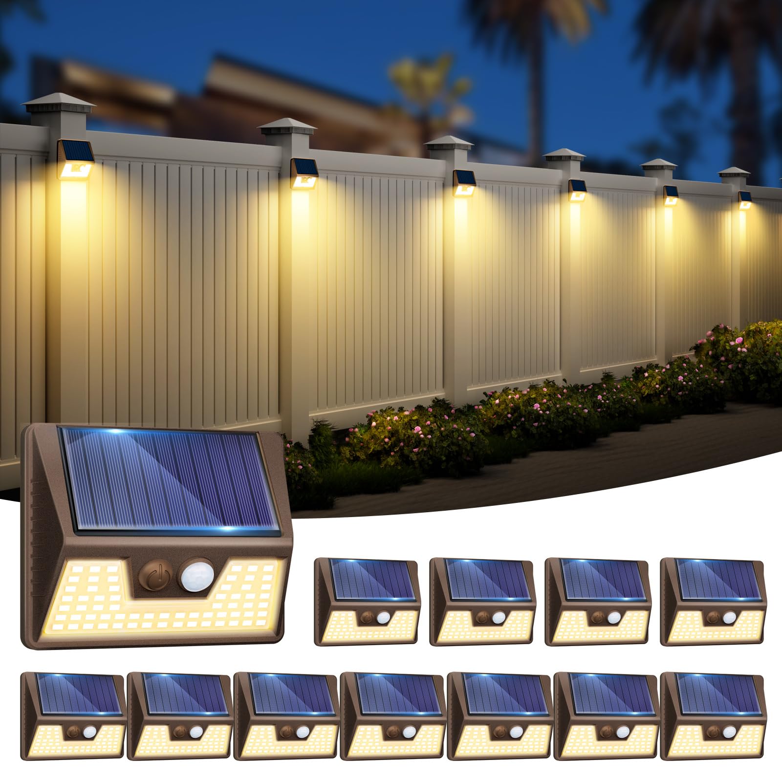 vighep Solar Motion Lights 12 Pack, Waterproof Wireless Wall Lights, Warm White LED, Brown, Model YHM03A