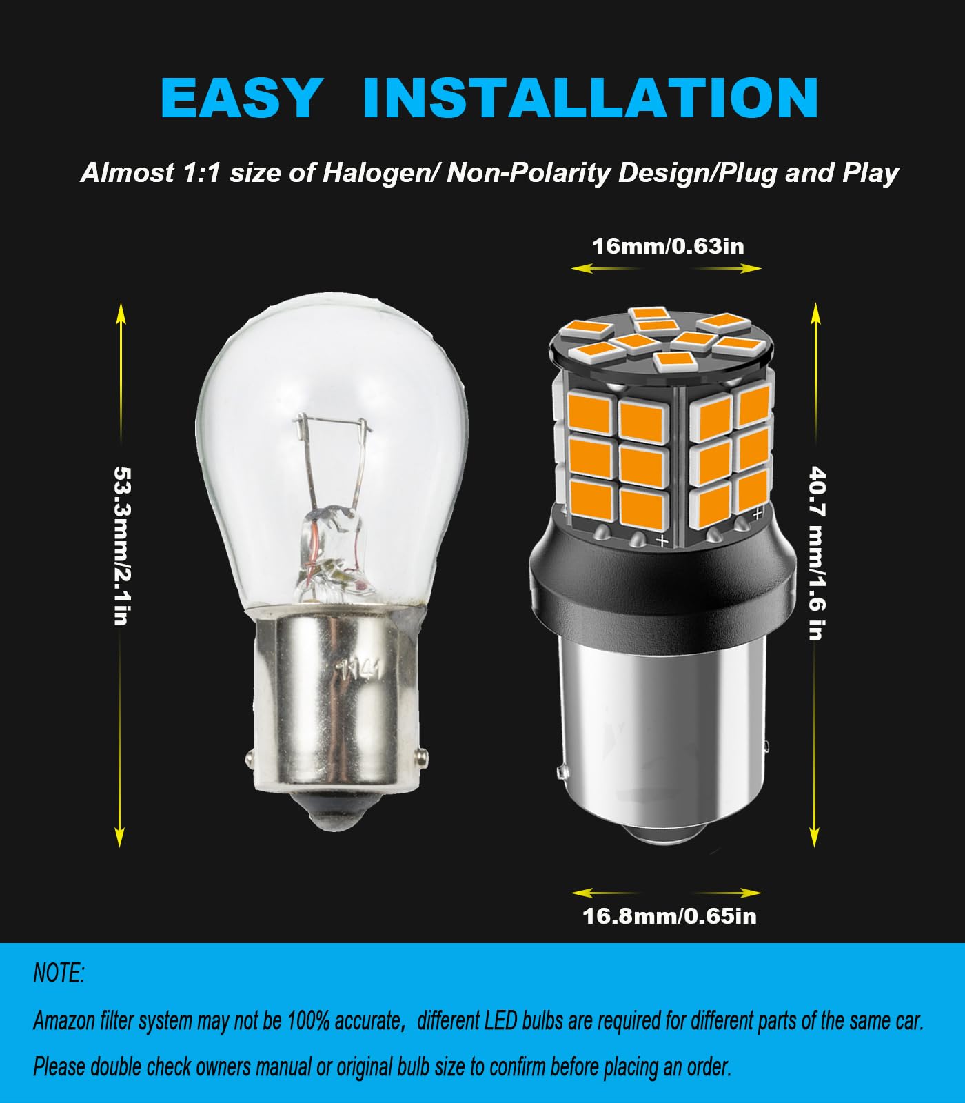 Serundo Auto 1156 LED Bulb, 12V 24V, Super Bright Yellow, Pack of 2, BA15S for Back Up Lights and Tail Lights