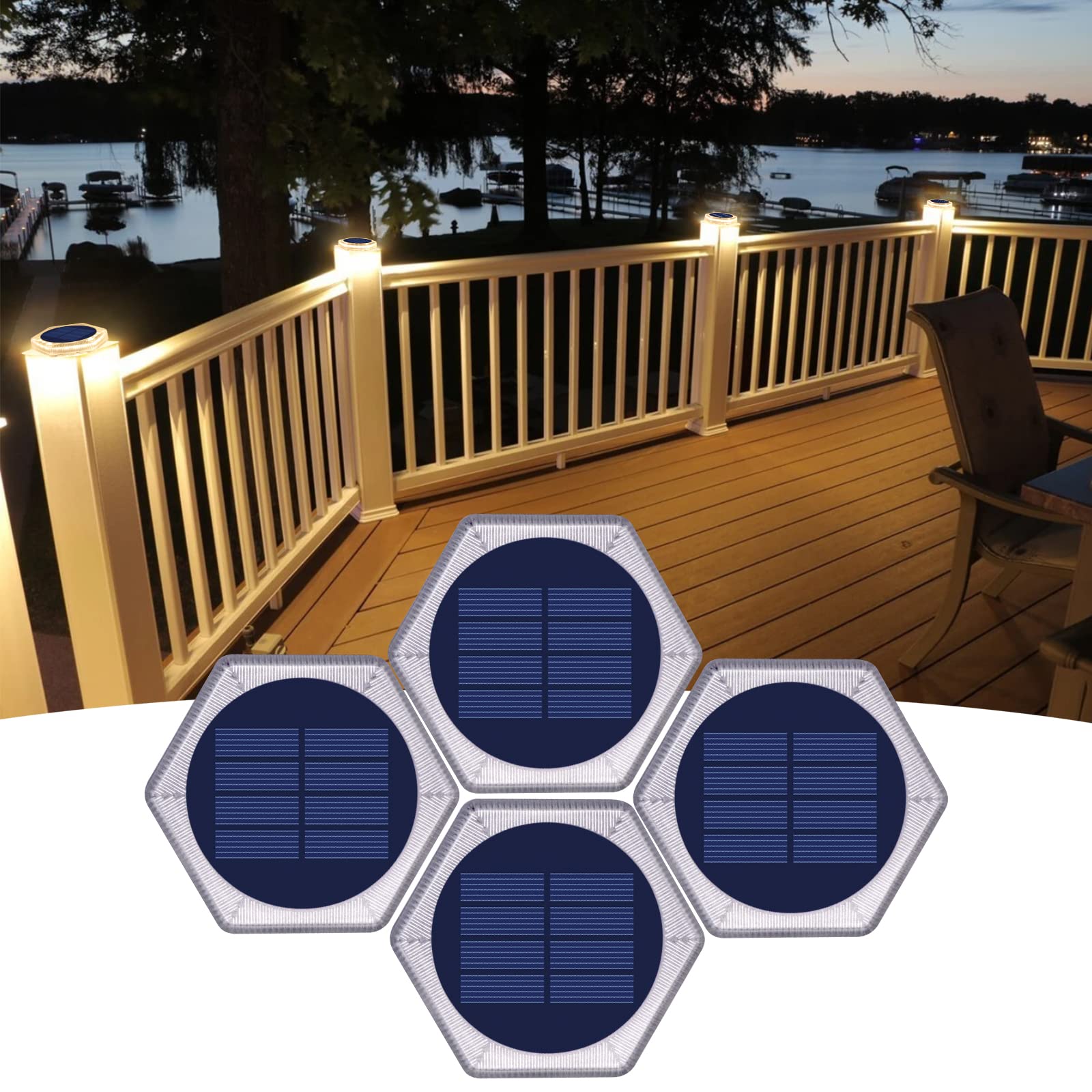 YiLaie Solar Deck Lights, Waterproof Hexagon Polycarbonate, Frosted Transparent, Model EL-LBD-01, 4 Pack for Outdoor Use