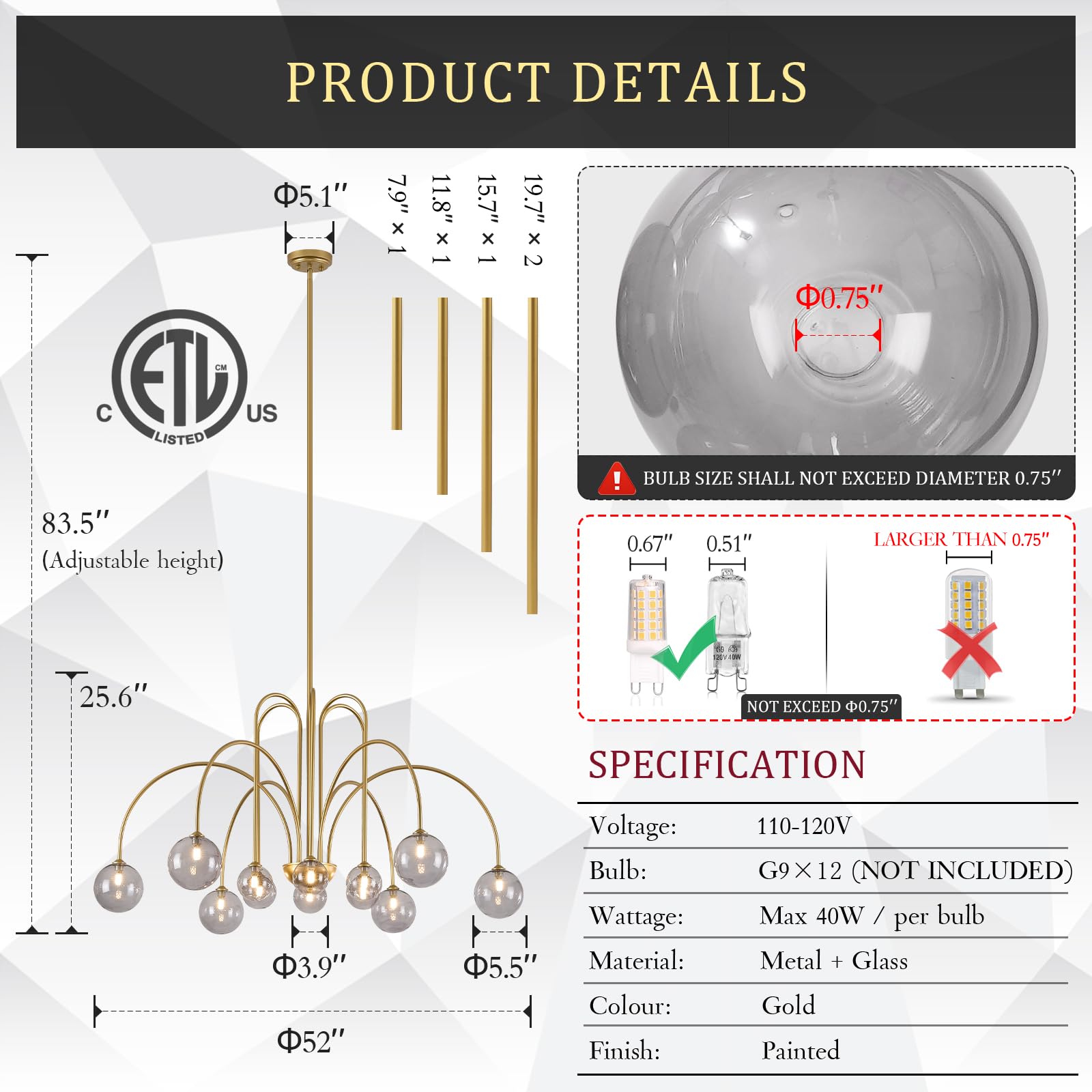 CATINER Gold Sputnik Chandelier, 12 Lights, Smoke Glass Shades, Large 52”, Model P93-12GB1, Modern Ceiling Pendant for High Ceilings