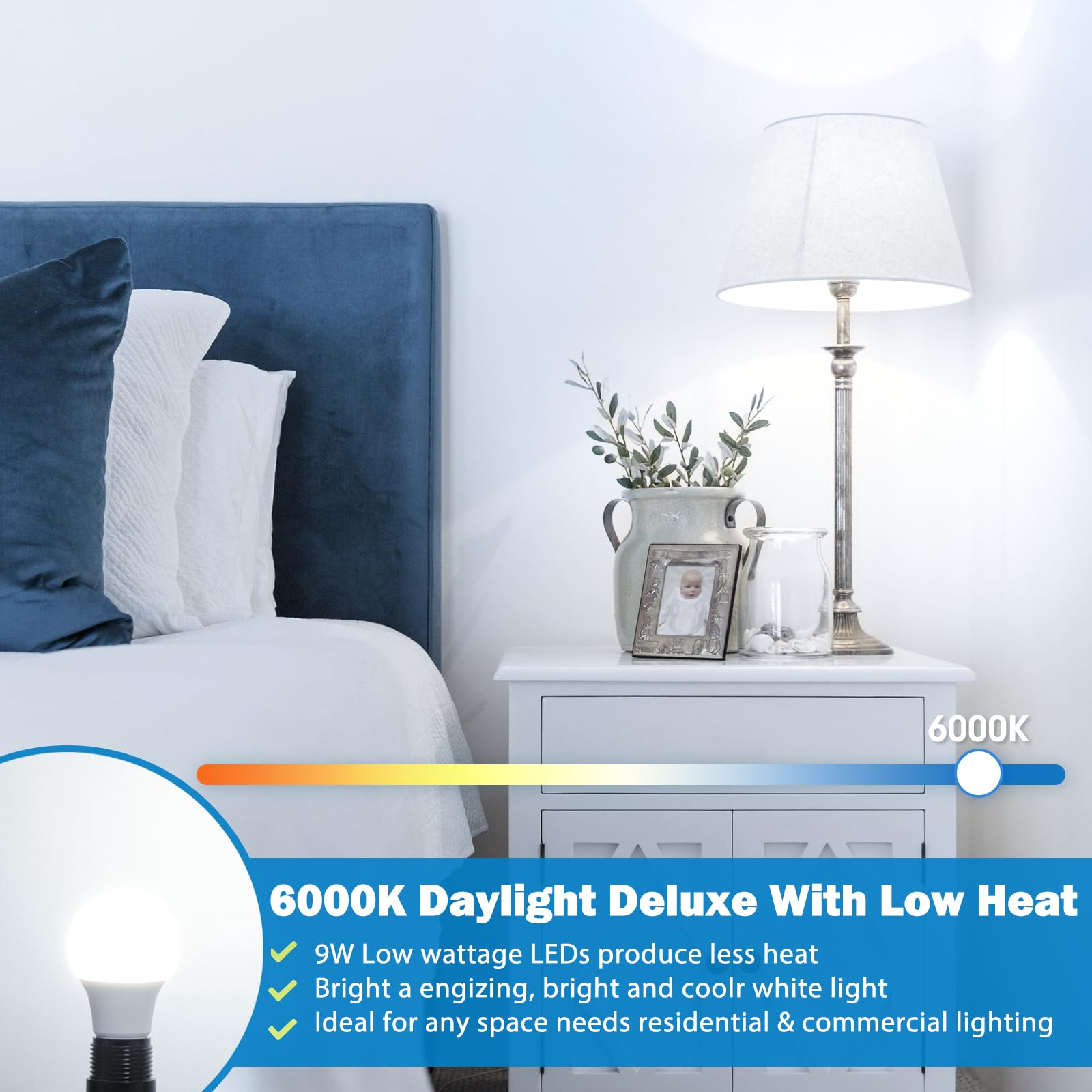 Maylaywood A19 Led Light Bulb, 60 Watt Equivalent Led Bulbs, 6000K Cool White, 900Lm, E26 Base, Dimmable, 9W Bright White, 4-Pack