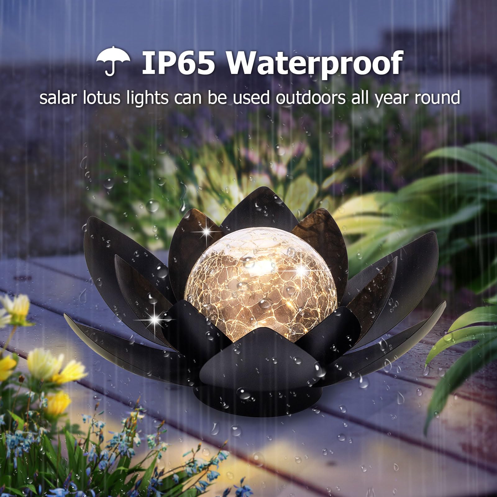 Huaxu Solar Lights Outdoor Garden Decor Metal Black Lotus Decoration, Crackle Globe Glass Waterproof Led Outside Table Lamp For