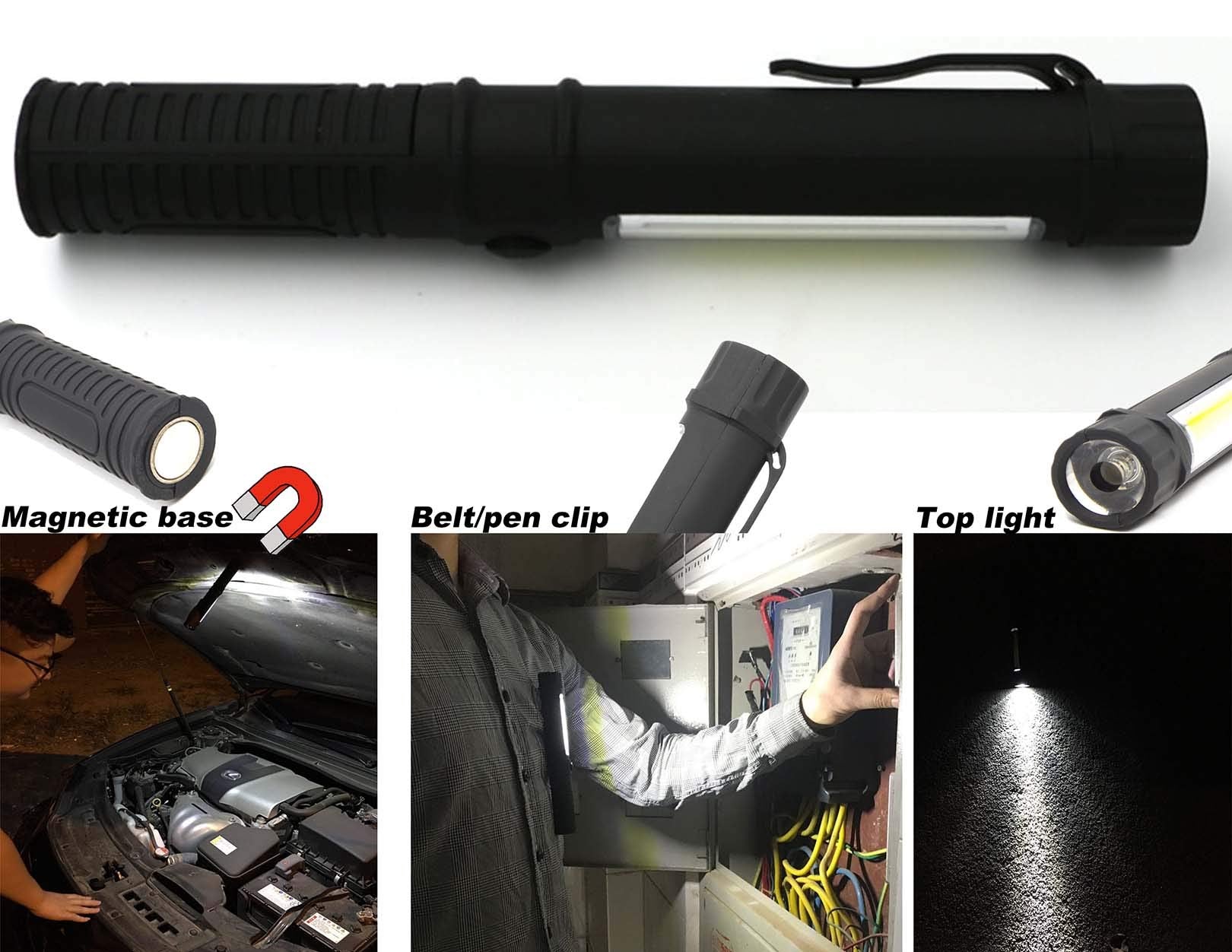 WUTL COB LED Work Flashlight, Magnetic Base & Clip, 4-Pack, Plastic, Model Zye-gjpl-20, Inspection Pocket Pen Light