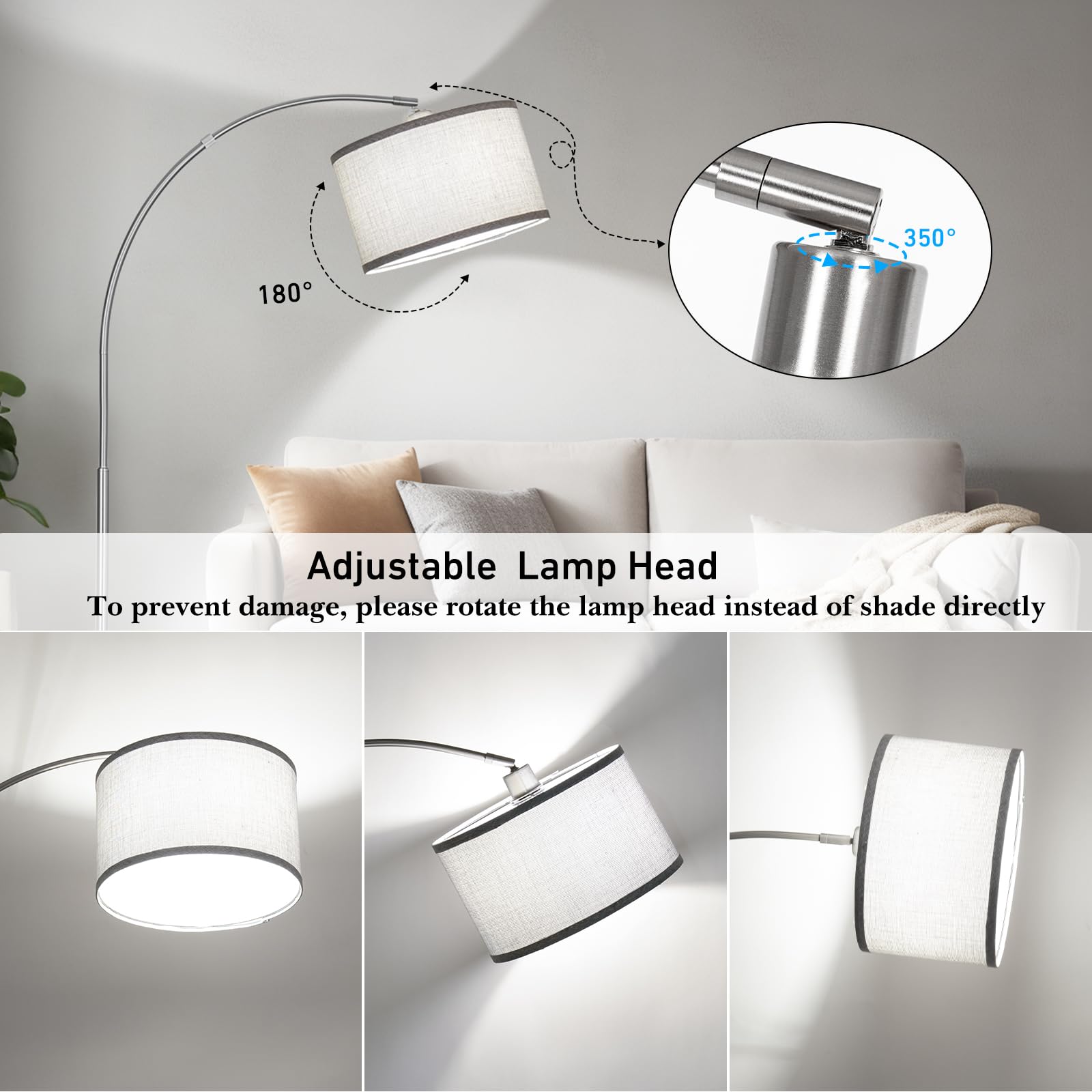 Silver Arc Floor Lamp For Living Room, Modern Standing Lamp With Adjustable Head Tall Pole Lamp With On/Off Pedal Switch Over Co