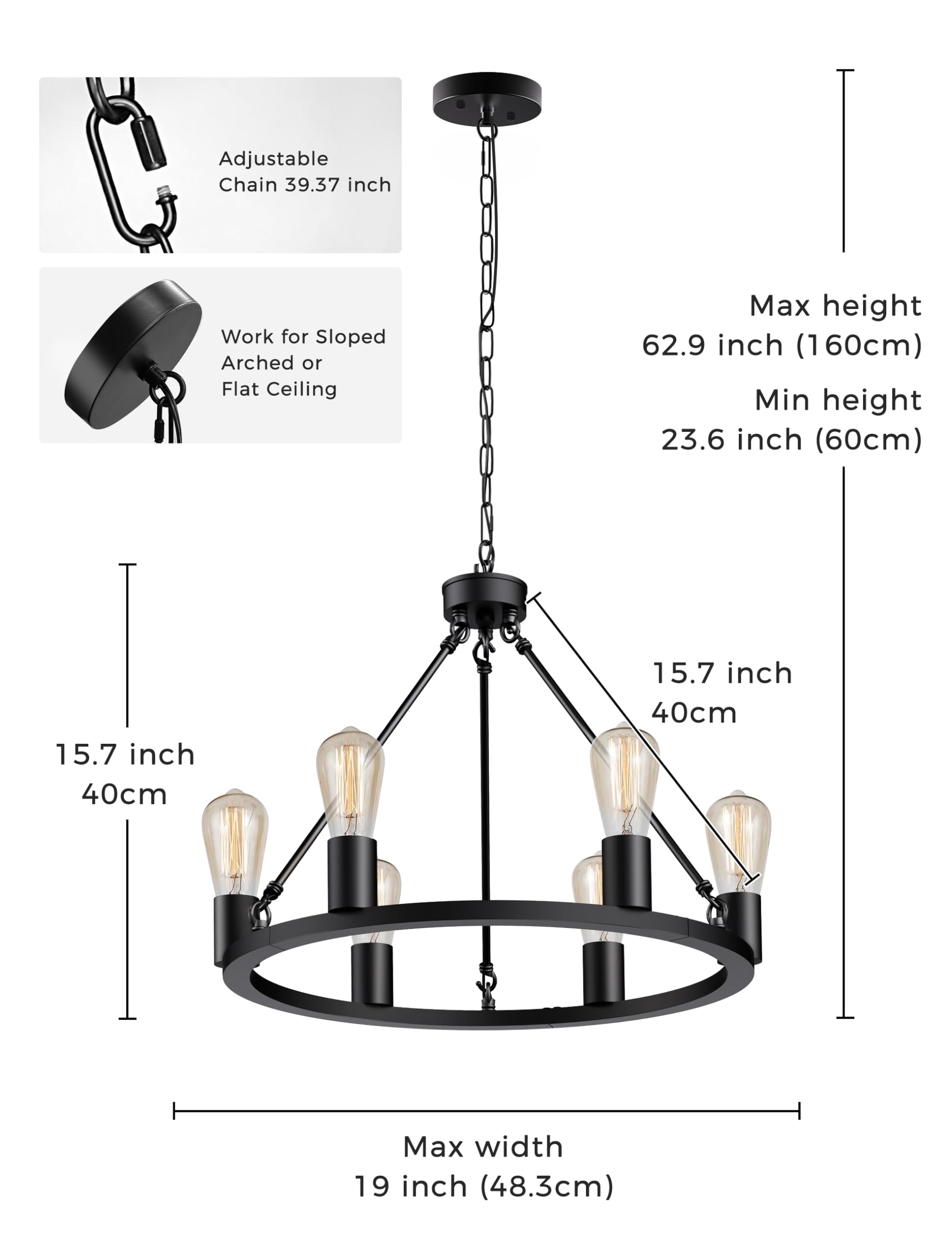 L Lohas Led Black Farmhouse Chandeliers For Dining Room, 6-Light Wagon Wheel Chandelier Over Table, Height Adjustable, 19'' Dini
